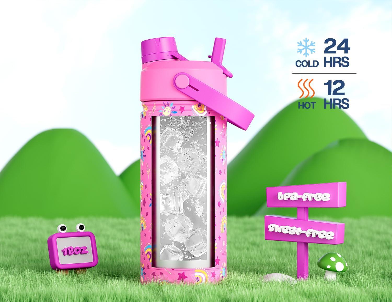 image12 oz Halloween Kids Insulated Water Bottle 2in1 Straw Spout Lid Leakproof BPAFree Keep Cold 24H Stainless Steel Cup for Party School Travel Holiday Gift for Girls Daughters Cotton BooSunny Rainbow
