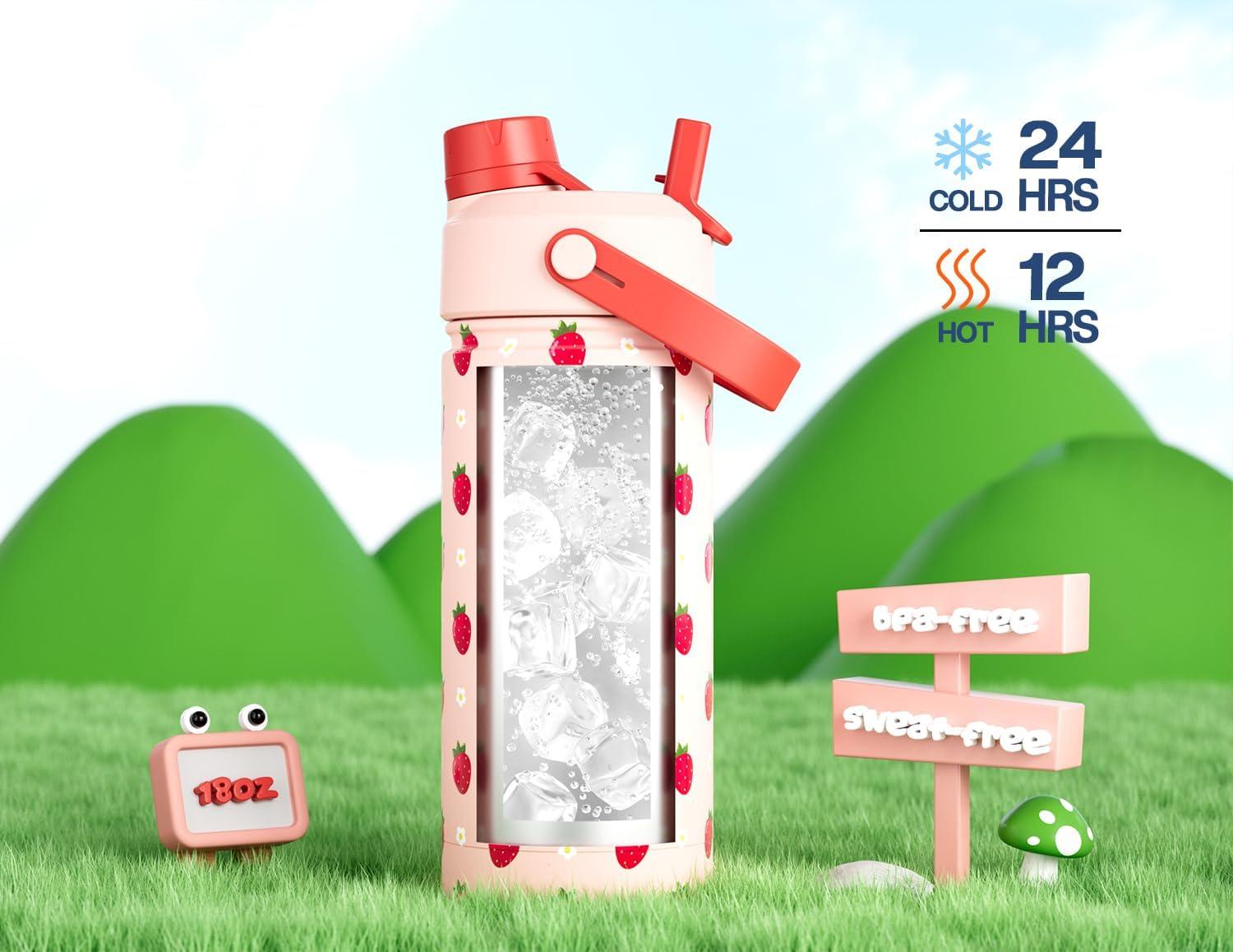 image12 oz Halloween Kids Insulated Water Bottle 2in1 Straw Spout Lid Leakproof BPAFree Keep Cold 24H Stainless Steel Cup for Party School Travel Holiday Gift for Girls Daughters Cotton BooStrawberry Daisy