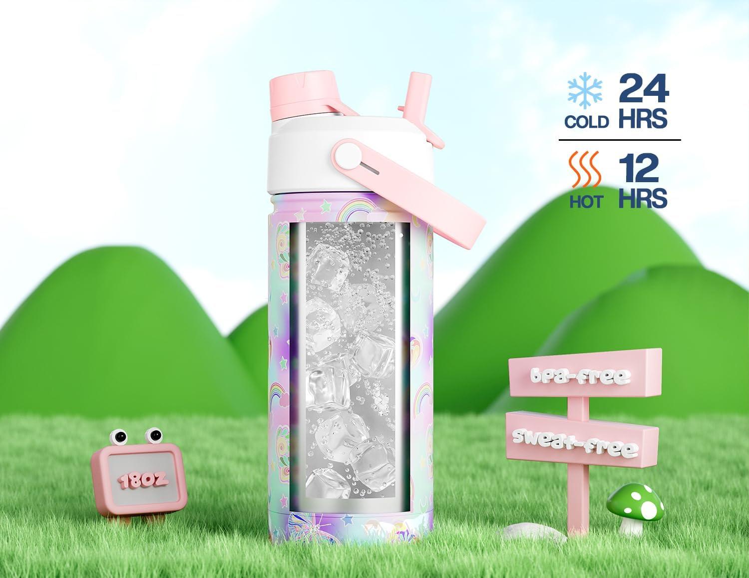 image12 oz Halloween Kids Insulated Water Bottle 2in1 Straw Spout Lid Leakproof BPAFree Keep Cold 24H Stainless Steel Cup for Party School Travel Holiday Gift for Girls Daughters Cotton BooSparkle Butterfly