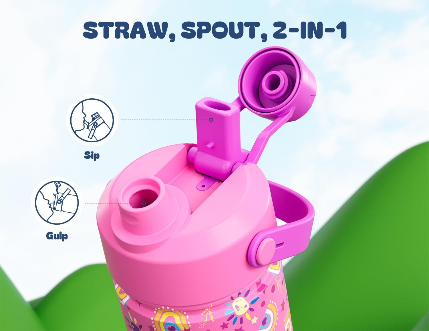 image12 oz Halloween Kids Insulated Water Bottle 2in1 Straw Spout Lid Leakproof BPAFree Keep Cold 24H Stainless Steel Cup for Party School Travel Holiday Gift for Girls Daughters Cotton BooSunny Rainbow
