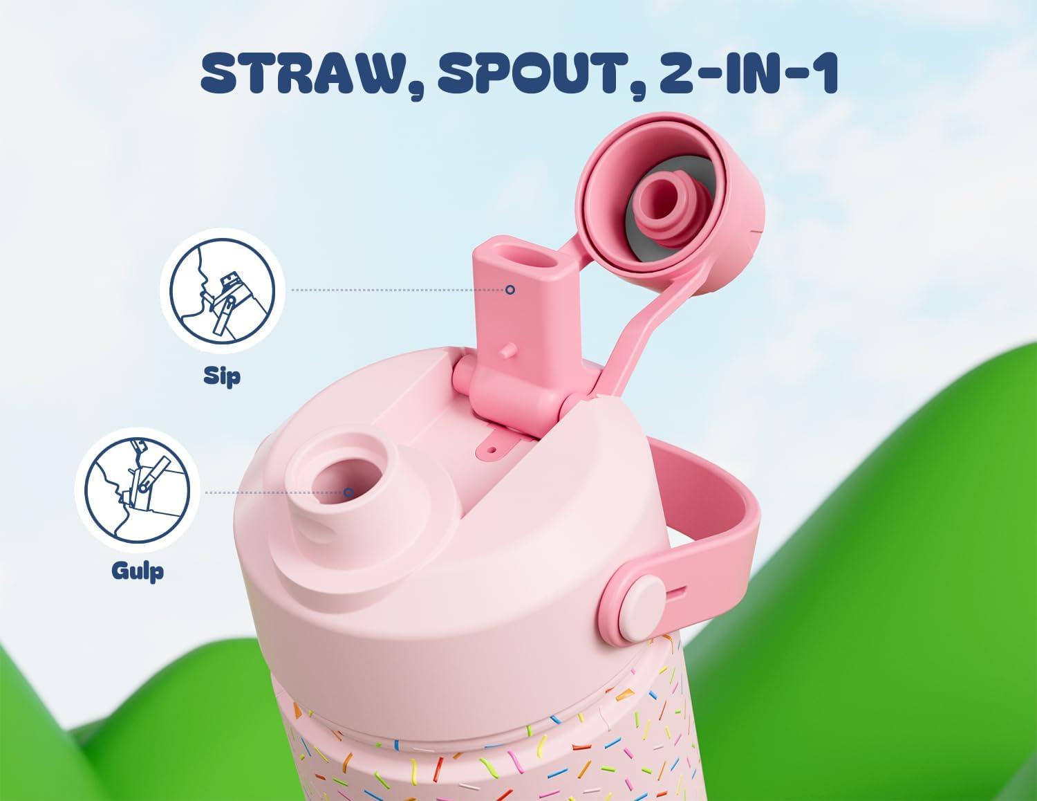 image12 oz Halloween Kids Insulated Water Bottle 2in1 Straw Spout Lid Leakproof BPAFree Keep Cold 24H Stainless Steel Cup for Party School Travel Holiday Gift for Girls Daughters Cotton BooPink Confetti