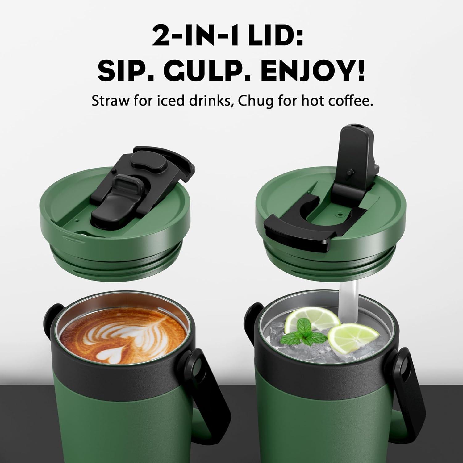 image16 oz Insulated Coffee Mug for Work 2in1 Straw Flip Lid Keep Cold 24H Fit in Car Cupholder Leakproof Stainless Steel Coffee Tumbler with Handle for Travel Outdoor Camping and Gifts DeepseaForest