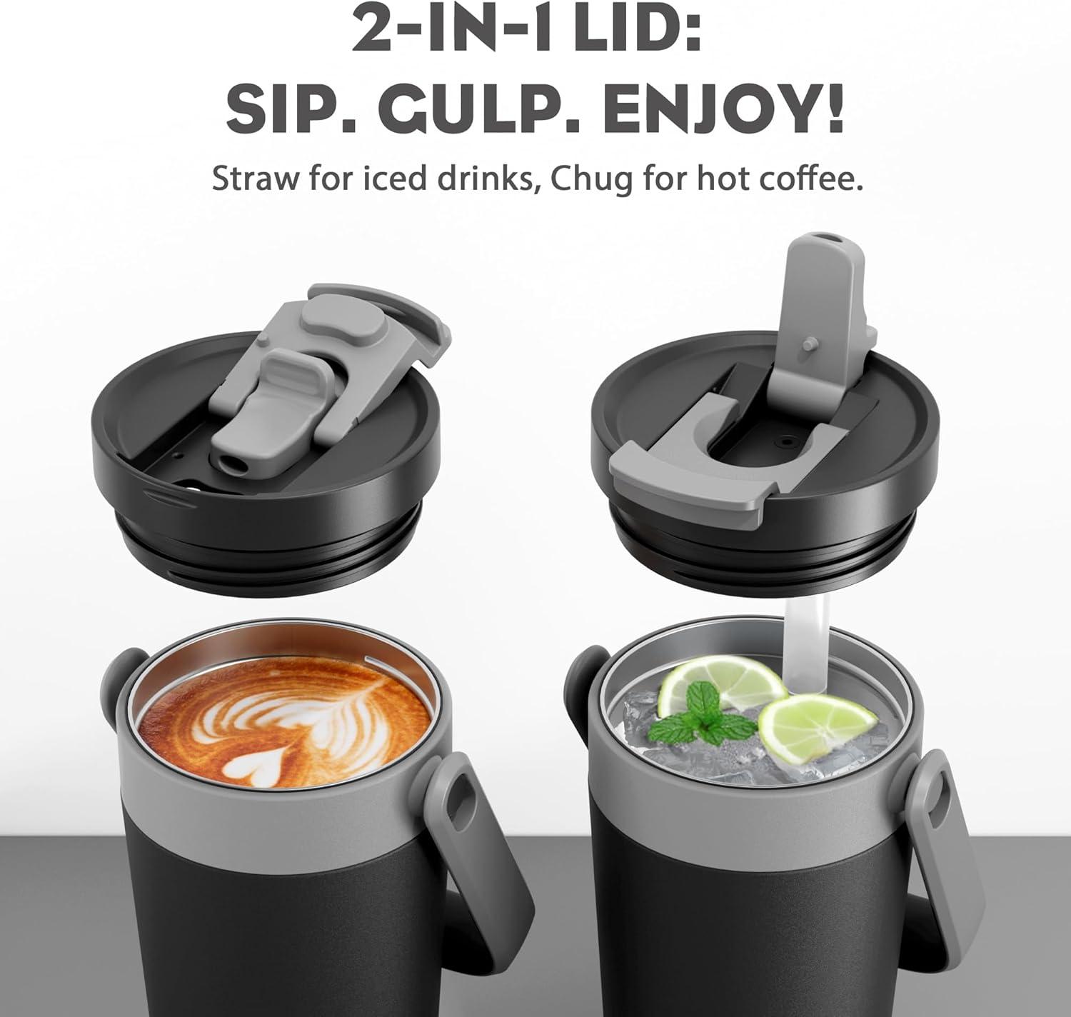 image16 oz Insulated Coffee Mug for Work 2in1 Straw Flip Lid Keep Cold 24H Fit in Car Cupholder Leakproof Stainless Steel Coffee Tumbler with Handle for Travel Outdoor Camping and Gifts DeepseaMidnight