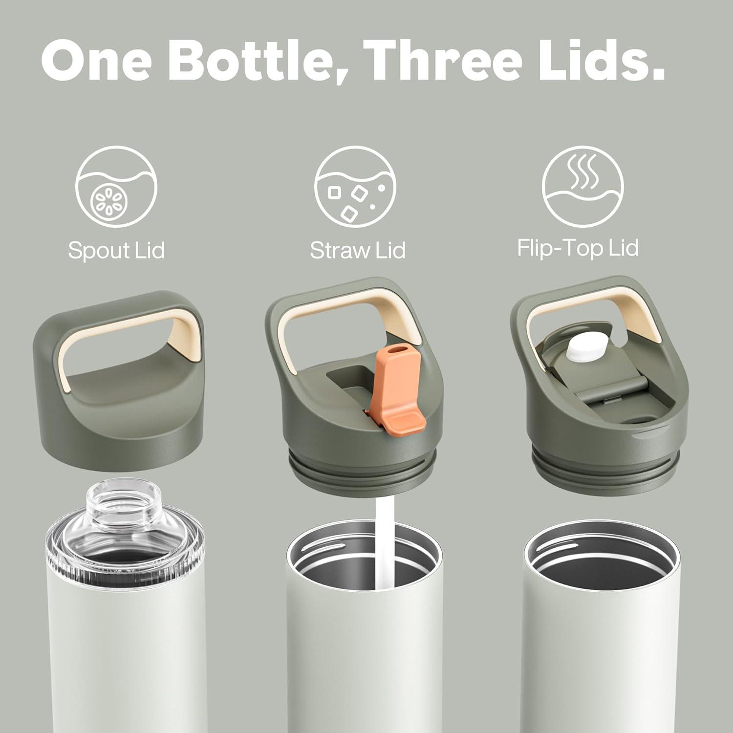 image24 oz Insulated Water Bottle for Sports 3 Lids Leakproof Keep Cold 24H Car Cupholder Friendly Stainless Steel Water Flask with Straw and Spout Caps for Gym School Work Cycling Midnight BlackSage Gray