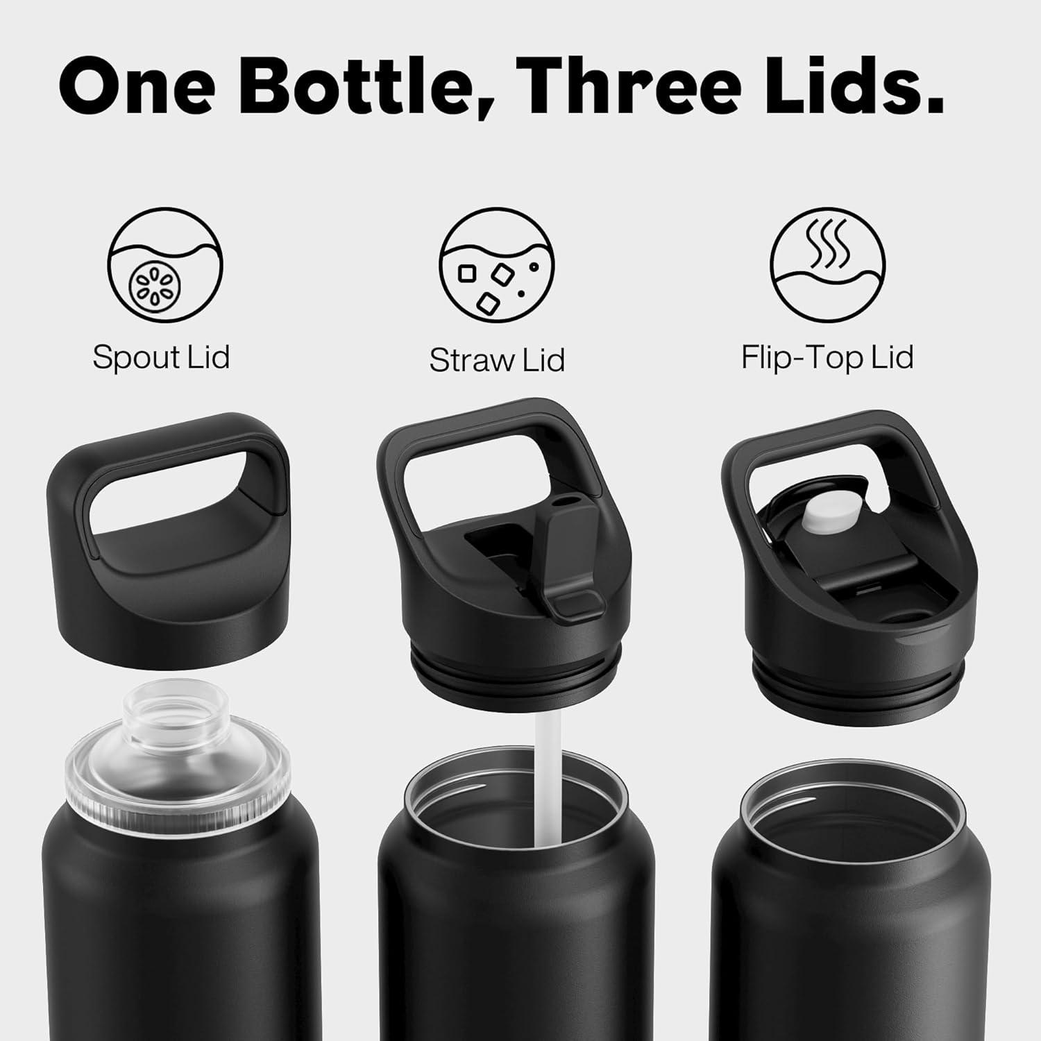 image24 oz Insulated Water Bottle for Sports 3 Lids Leakproof Keep Cold 24H Car Cupholder Friendly Stainless Steel Water Flask with Straw and Spout Caps for Gym School Work Cycling Midnight BlackMidnight Black