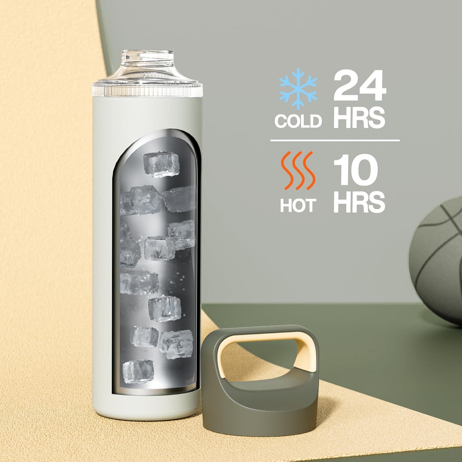 image24 oz Insulated Water Bottle for Sports 3 Lids Leakproof Keep Cold 24H Car Cupholder Friendly Stainless Steel Water Flask with Straw and Spout Caps for Gym School Work Cycling Midnight BlackSage Gray