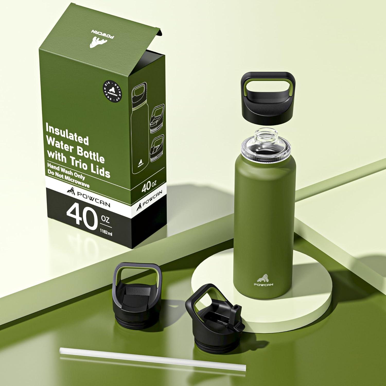 image24 oz Insulated Water Bottle for Sports 3 Lids Leakproof Keep Cold 24H Car Cupholder Friendly Stainless Steel Water Flask with Straw and Spout Caps for Gym School Work Cycling Midnight BlackForest Green
