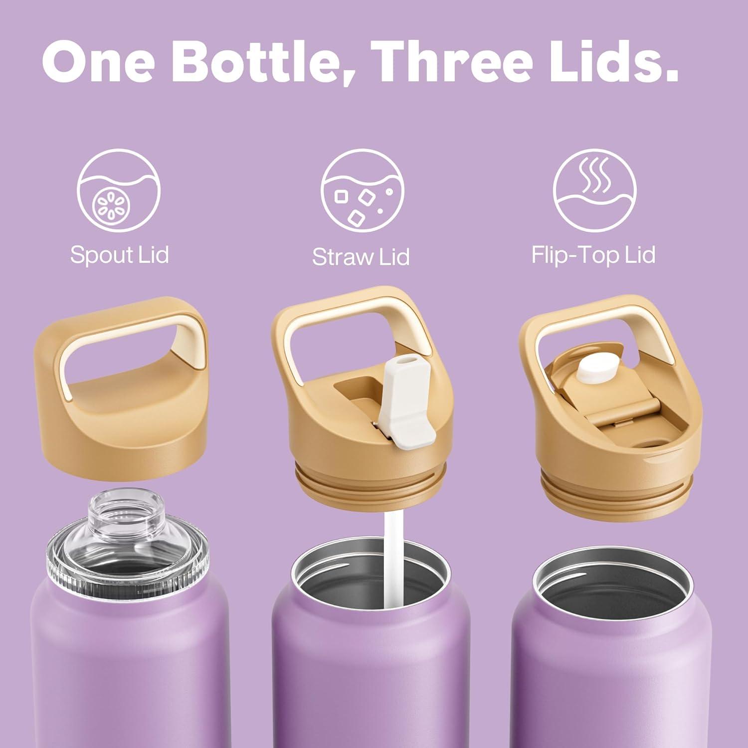 image24 oz Insulated Water Bottle for Sports 3 Lids Leakproof Keep Cold 24H Car Cupholder Friendly Stainless Steel Water Flask with Straw and Spout Caps for Gym School Work Cycling Midnight BlackVintage Lilac