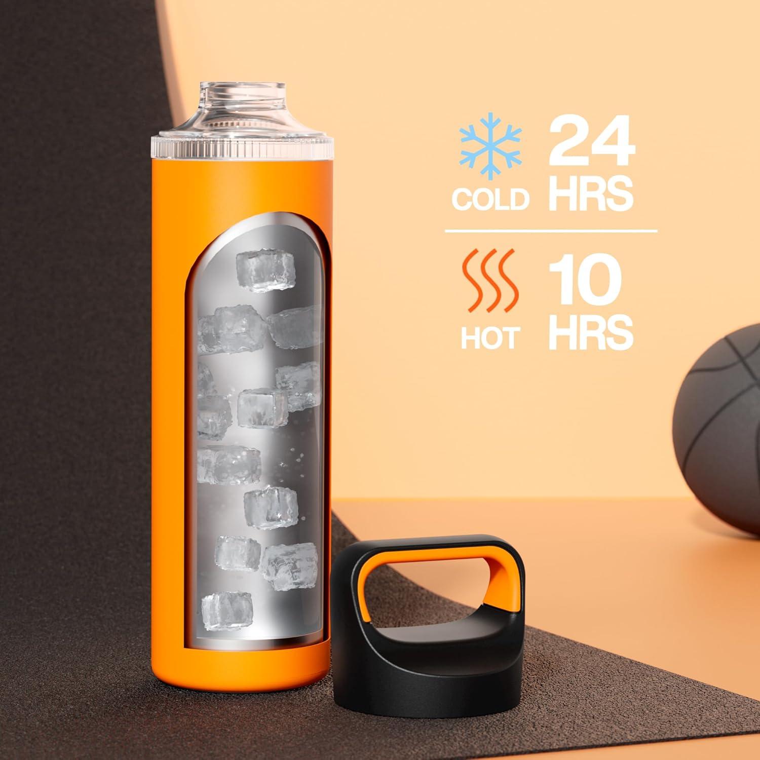 image24 oz Insulated Water Bottle for Sports 3 Lids Leakproof Keep Cold 24H Car Cupholder Friendly Stainless Steel Water Flask with Straw and Spout Caps for Gym School Work Cycling Midnight BlackZesty Orange