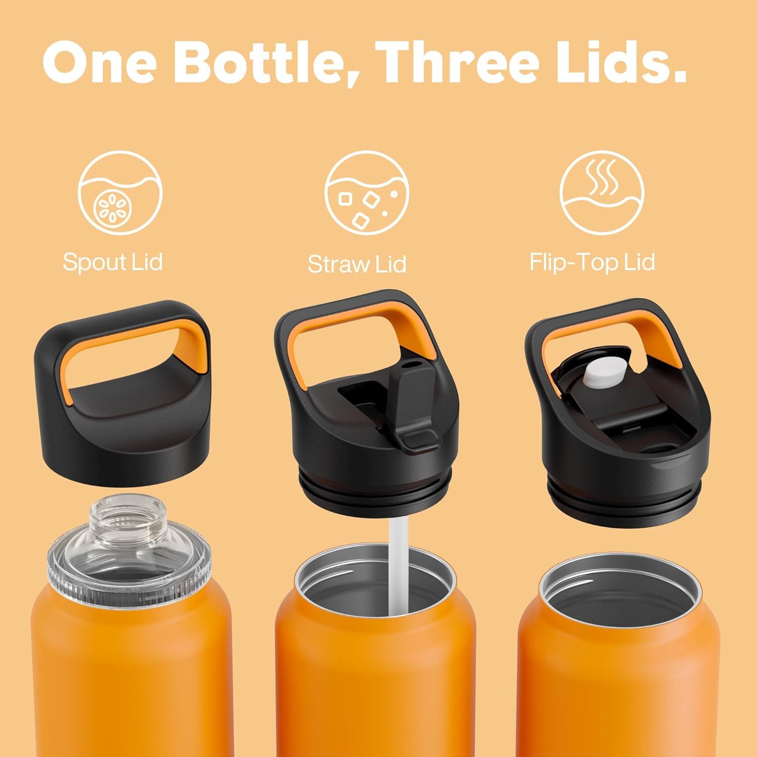 image24 oz Insulated Water Bottle for Sports 3 Lids Leakproof Keep Cold 24H Car Cupholder Friendly Stainless Steel Water Flask with Straw and Spout Caps for Gym School Work Cycling Midnight BlackZesty Orange