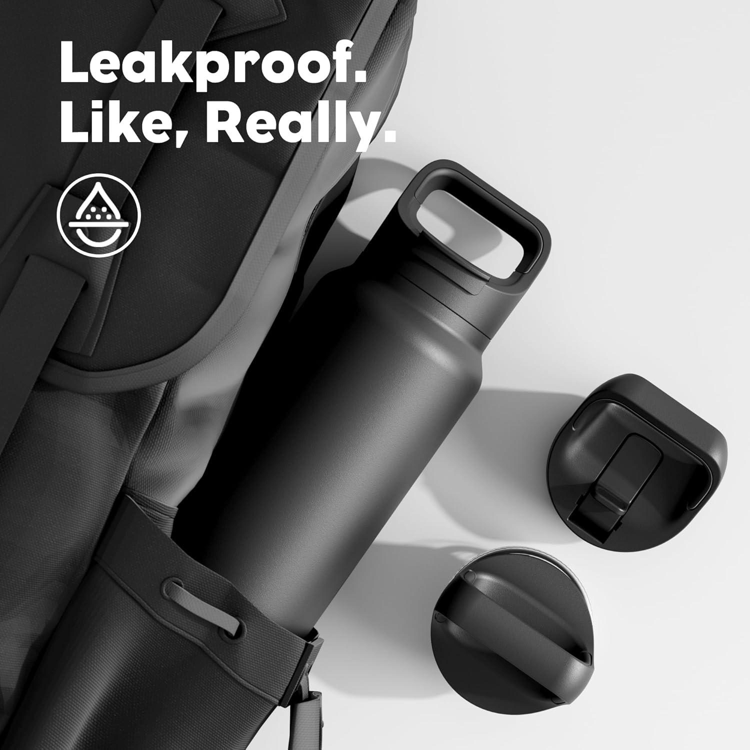 image24 oz Insulated Water Bottle for Sports 3 Lids Leakproof Keep Cold 24H Car Cupholder Friendly Stainless Steel Water Flask with Straw and Spout Caps for Gym School Work Cycling Midnight BlackMidnight Black