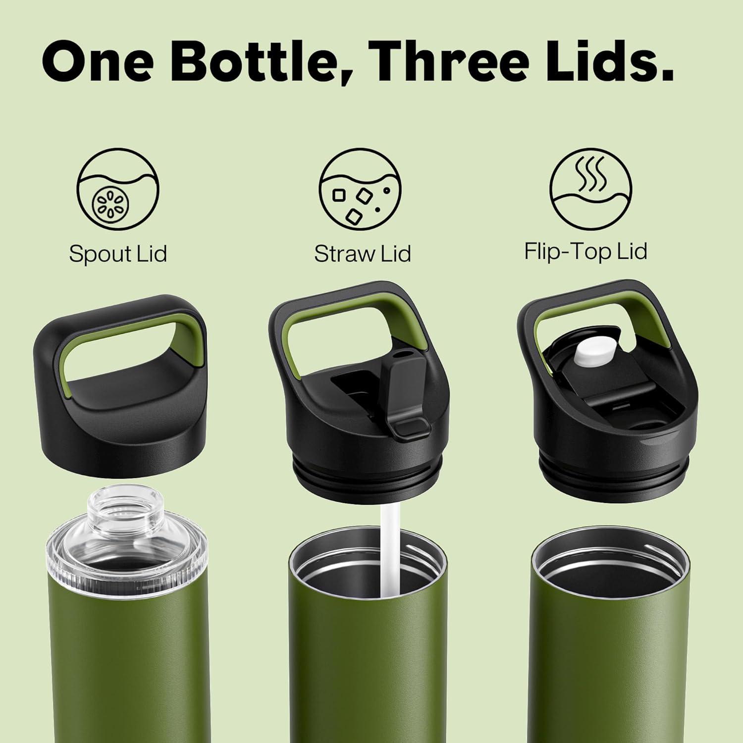 image24 oz Insulated Water Bottle for Sports 3 Lids Leakproof Keep Cold 24H Car Cupholder Friendly Stainless Steel Water Flask with Straw and Spout Caps for Gym School Work Cycling Midnight BlackForest Green