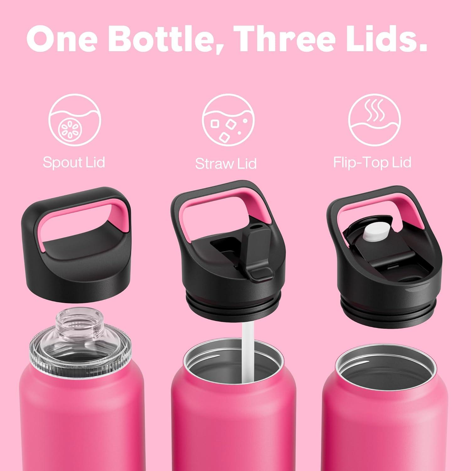 image24 oz Insulated Water Bottle for Sports 3 Lids Leakproof Keep Cold 24H Car Cupholder Friendly Stainless Steel Water Flask with Straw and Spout Caps for Gym School Work Cycling Midnight BlackTropical Pink