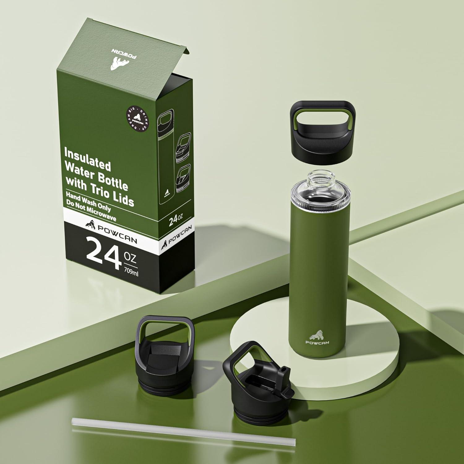 image24 oz Insulated Water Bottle for Sports 3 Lids Leakproof Keep Cold 24H Car Cupholder Friendly Stainless Steel Water Flask with Straw and Spout Caps for Gym School Work Cycling Midnight BlackForest Green