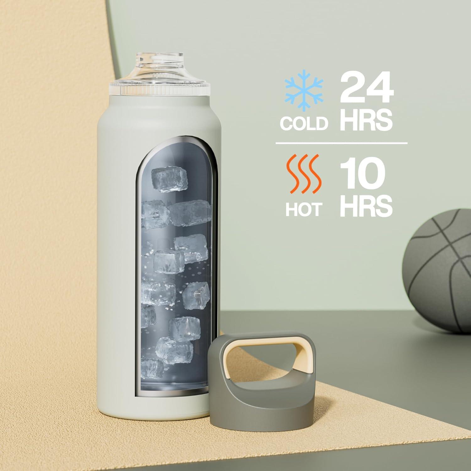 image24 oz Insulated Water Bottle for Sports 3 Lids Leakproof Keep Cold 24H Car Cupholder Friendly Stainless Steel Water Flask with Straw and Spout Caps for Gym School Work Cycling Midnight BlackSage Gray