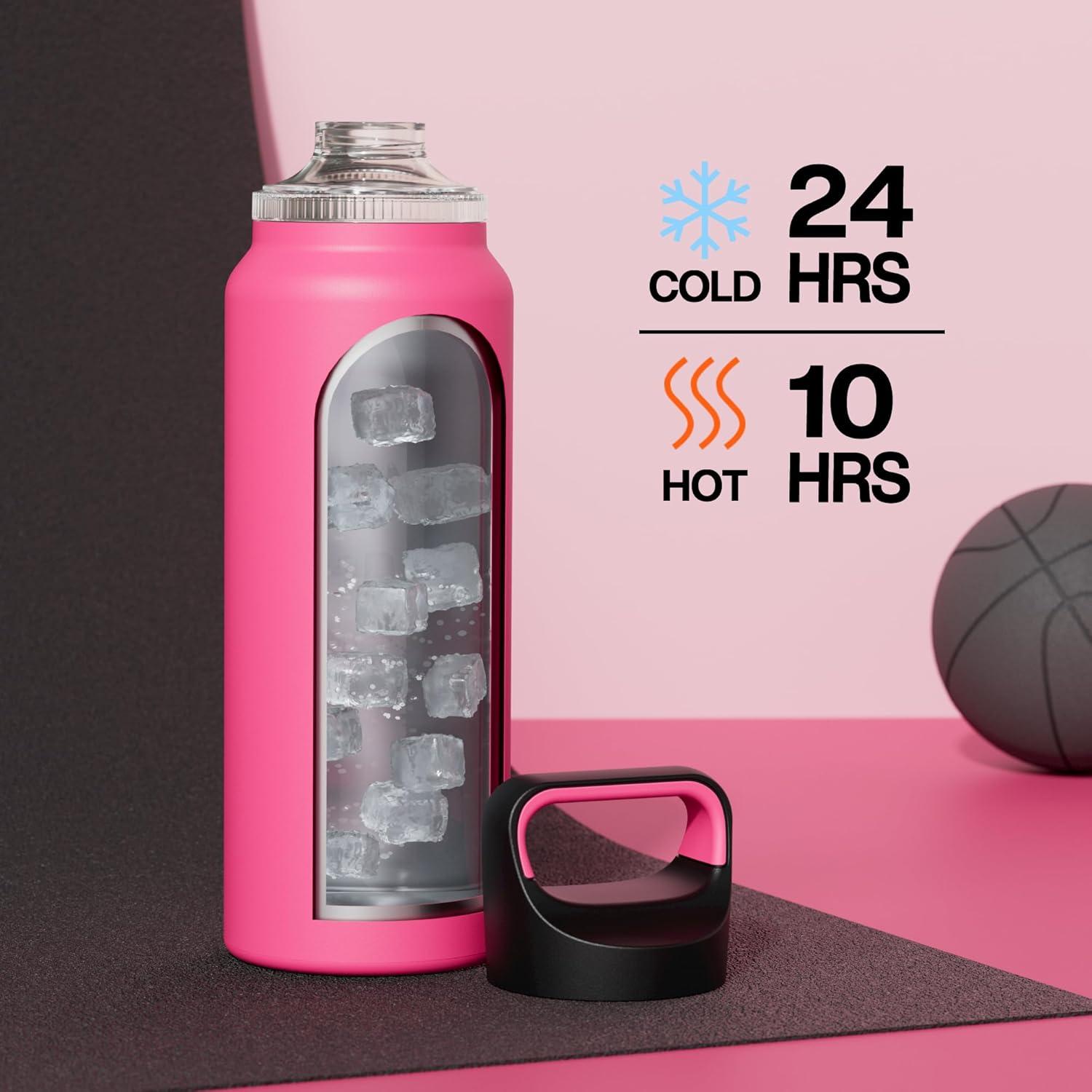 image24 oz Insulated Water Bottle for Sports 3 Lids Leakproof Keep Cold 24H Car Cupholder Friendly Stainless Steel Water Flask with Straw and Spout Caps for Gym School Work Cycling Midnight BlackTropical Pink
