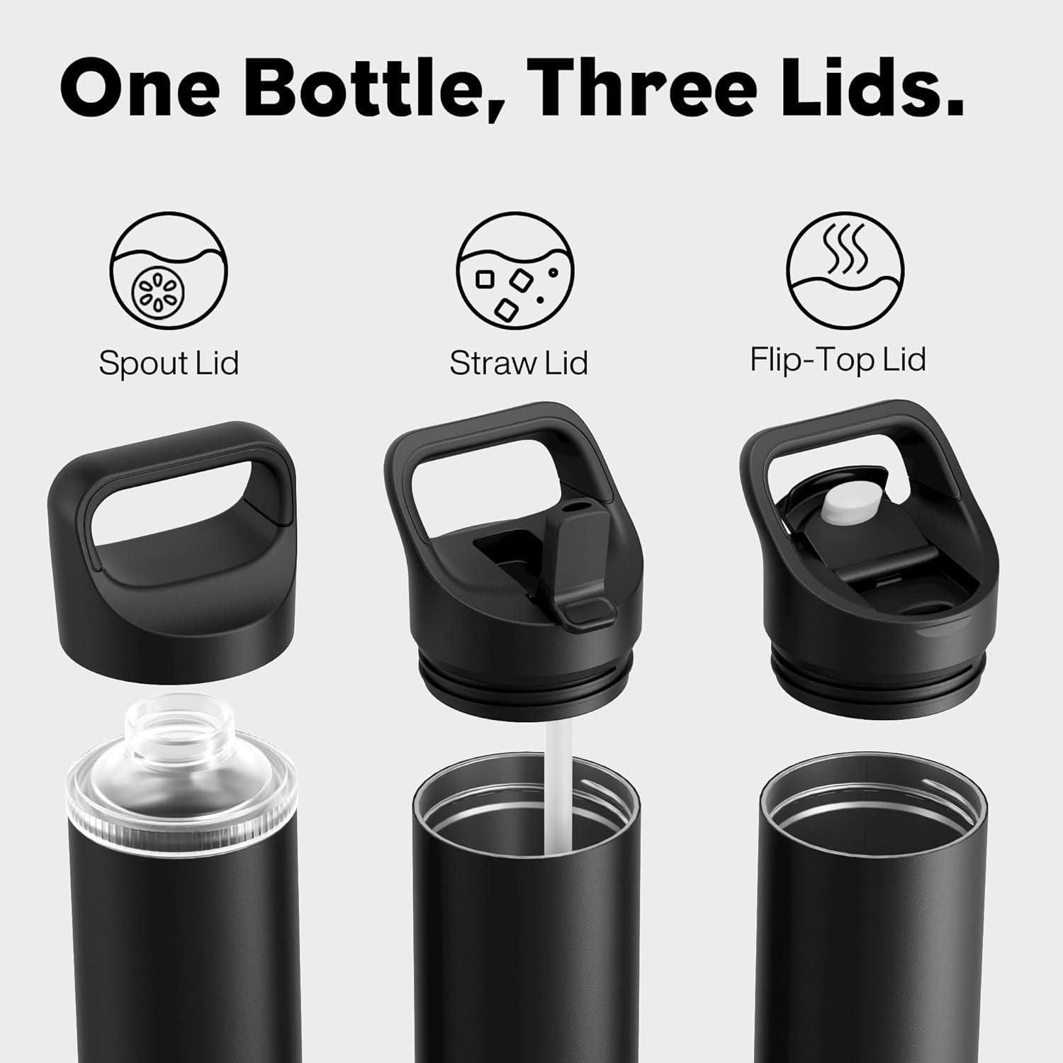 image24 oz Insulated Water Bottle for Sports 3 Lids Leakproof Keep Cold 24H Car Cupholder Friendly Stainless Steel Water Flask with Straw and Spout Caps for Gym School Work Cycling Midnight BlackMidnight Black