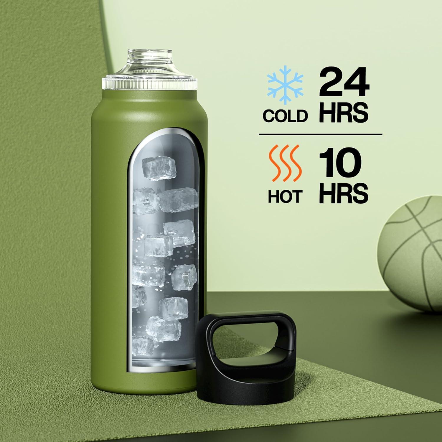 image24 oz Insulated Water Bottle for Sports 3 Lids Leakproof Keep Cold 24H Car Cupholder Friendly Stainless Steel Water Flask with Straw and Spout Caps for Gym School Work Cycling Midnight BlackForest Green