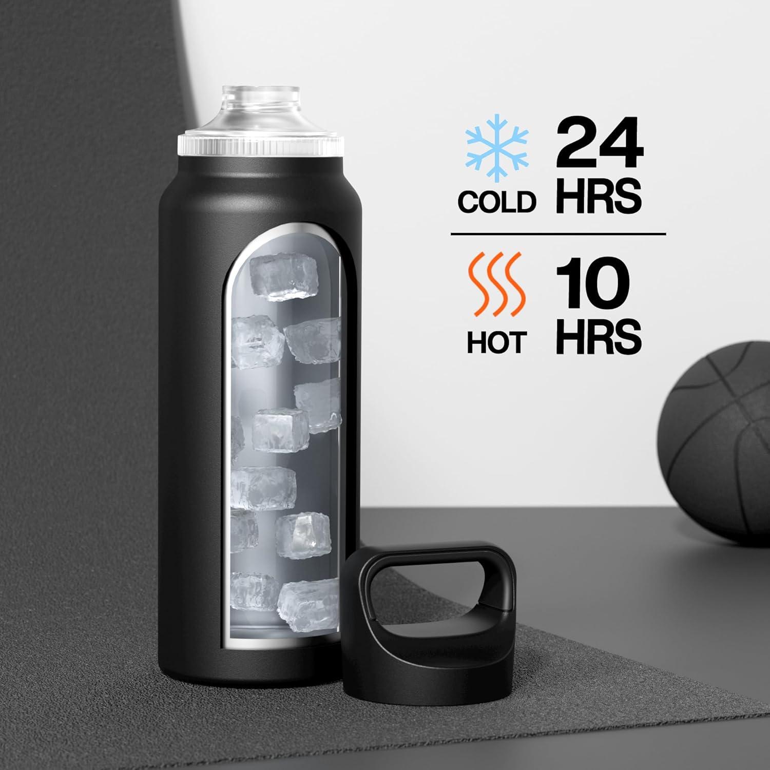 image24 oz Insulated Water Bottle for Sports 3 Lids Leakproof Keep Cold 24H Car Cupholder Friendly Stainless Steel Water Flask with Straw and Spout Caps for Gym School Work Cycling Midnight BlackMidnight Black
