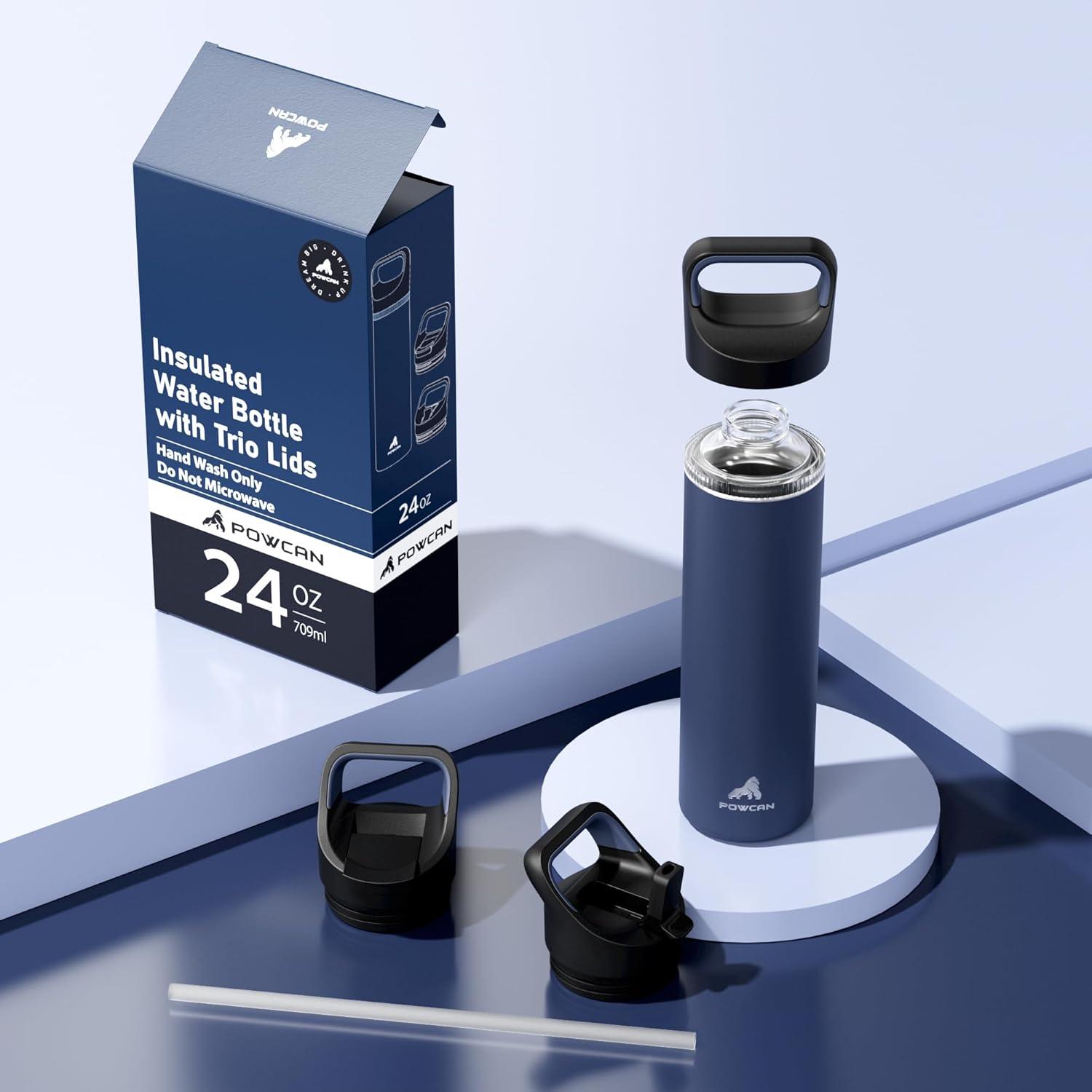 image24 oz Insulated Water Bottle for Sports 3 Lids Leakproof Keep Cold 24H Car Cupholder Friendly Stainless Steel Water Flask with Straw and Spout Caps for Gym School Work Cycling Midnight BlackNavy Blue