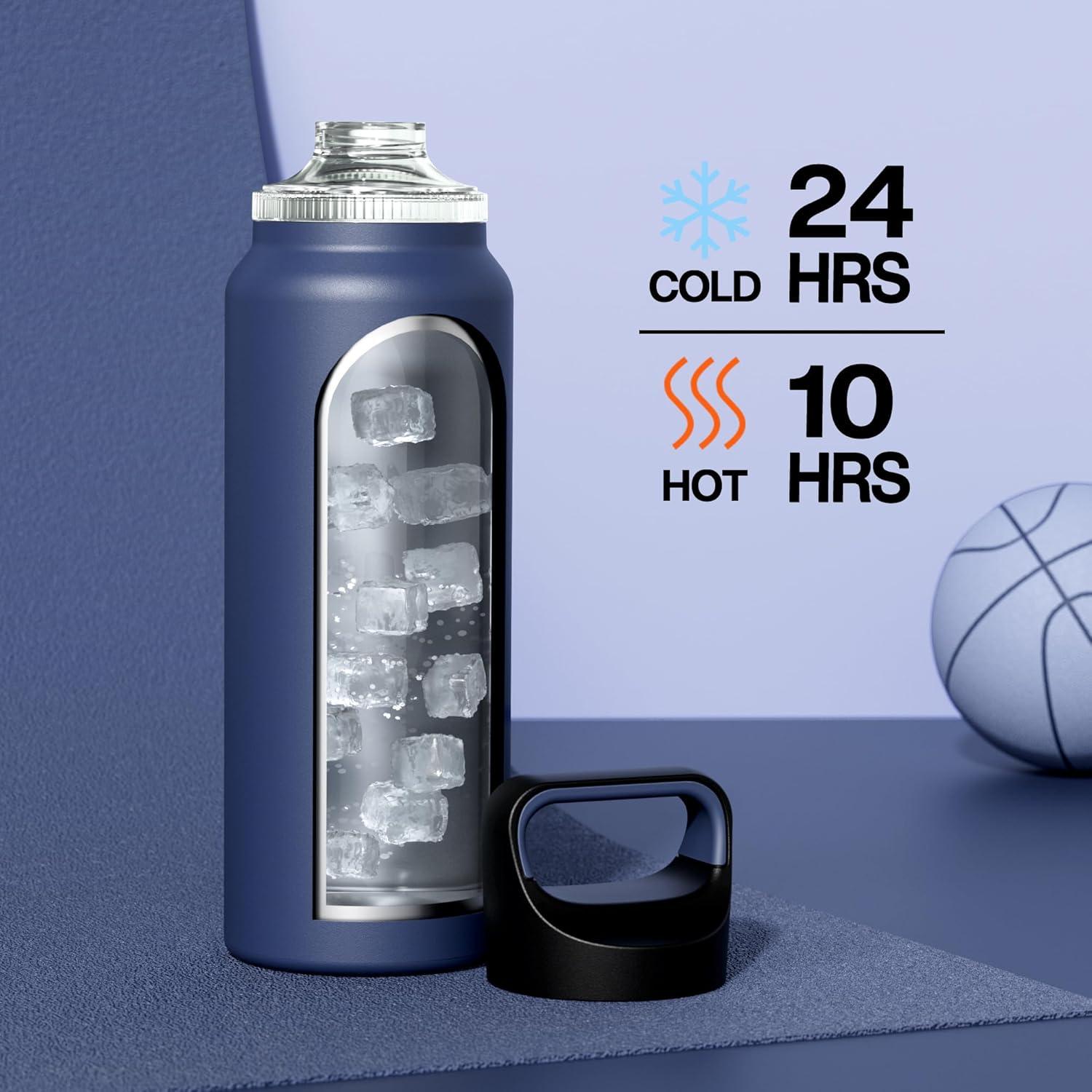 image24 oz Insulated Water Bottle for Sports 3 Lids Leakproof Keep Cold 24H Car Cupholder Friendly Stainless Steel Water Flask with Straw and Spout Caps for Gym School Work Cycling Midnight BlackNavy Blue