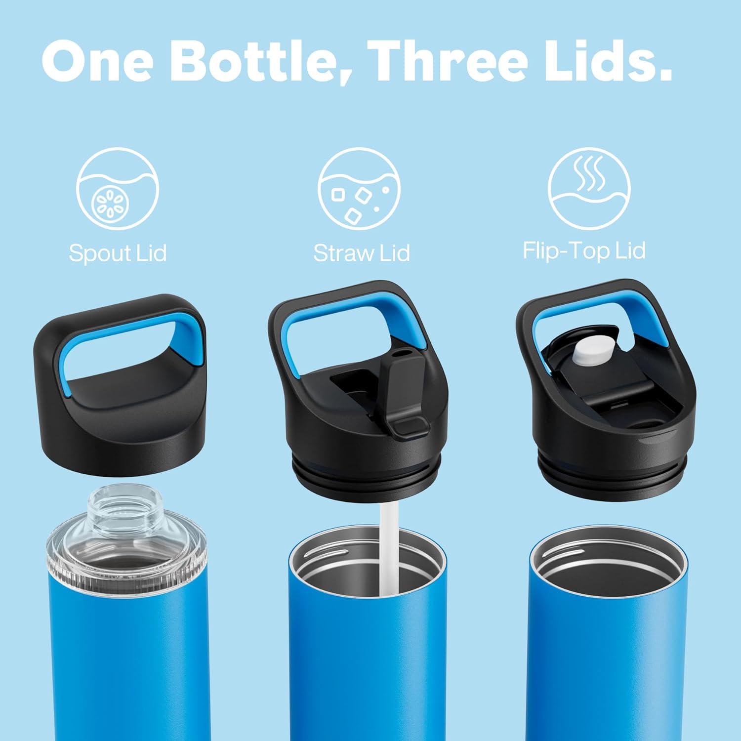 image24 oz Insulated Water Bottle for Sports 3 Lids Leakproof Keep Cold 24H Car Cupholder Friendly Stainless Steel Water Flask with Straw and Spout Caps for Gym School Work Cycling Midnight BlackLake Blue