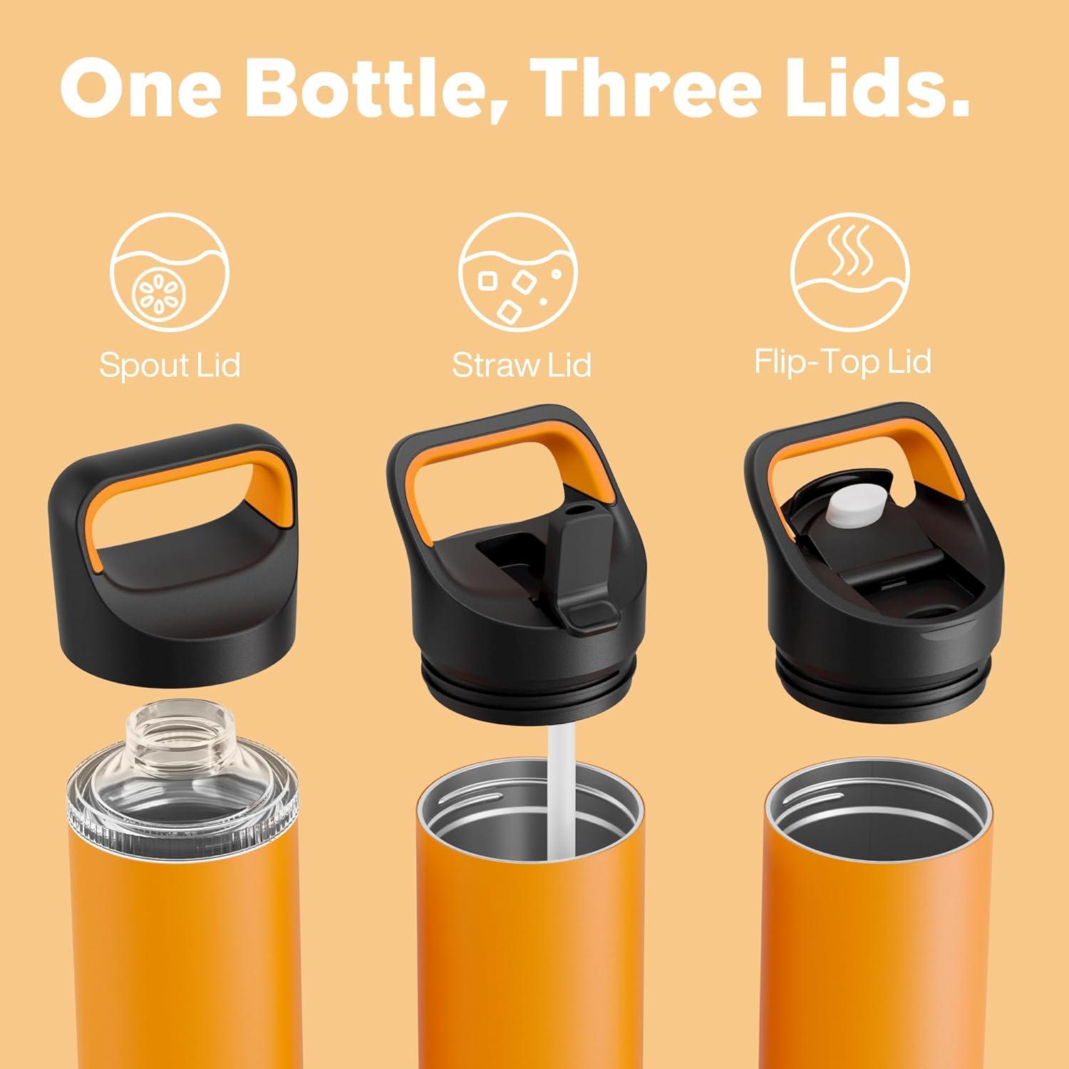 image24 oz Insulated Water Bottle for Sports 3 Lids Leakproof Keep Cold 24H Car Cupholder Friendly Stainless Steel Water Flask with Straw and Spout Caps for Gym School Work Cycling Midnight BlackZesty Orange
