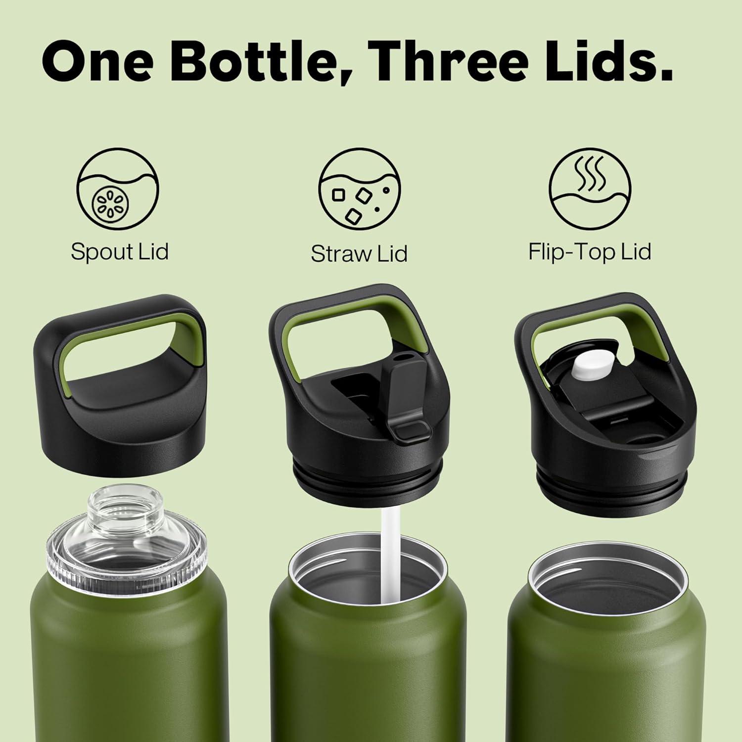 image24 oz Insulated Water Bottle for Sports 3 Lids Leakproof Keep Cold 24H Car Cupholder Friendly Stainless Steel Water Flask with Straw and Spout Caps for Gym School Work Cycling Midnight BlackForest Green