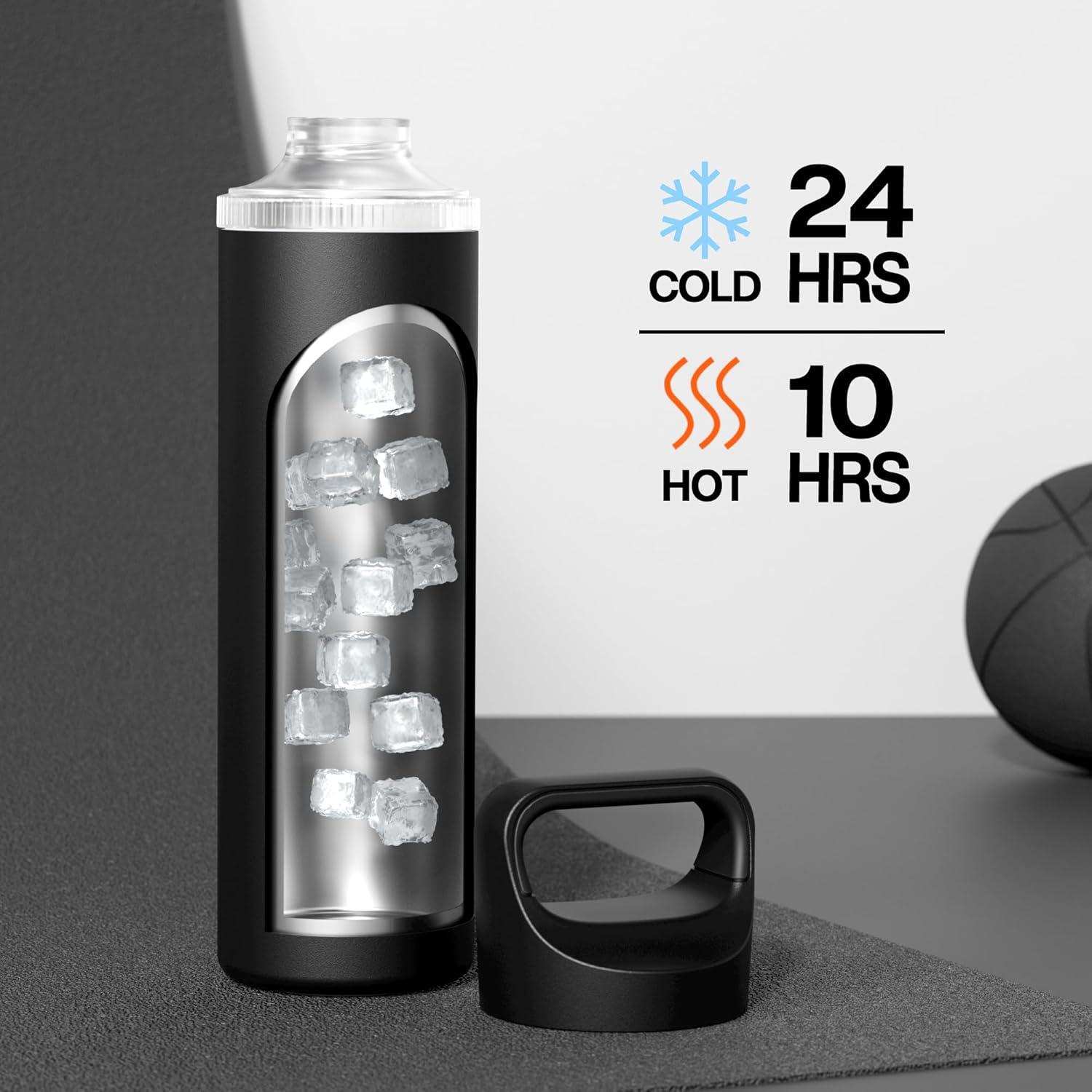 image24 oz Insulated Water Bottle for Sports 3 Lids Leakproof Keep Cold 24H Car Cupholder Friendly Stainless Steel Water Flask with Straw and Spout Caps for Gym School Work Cycling Midnight BlackMidnight Black