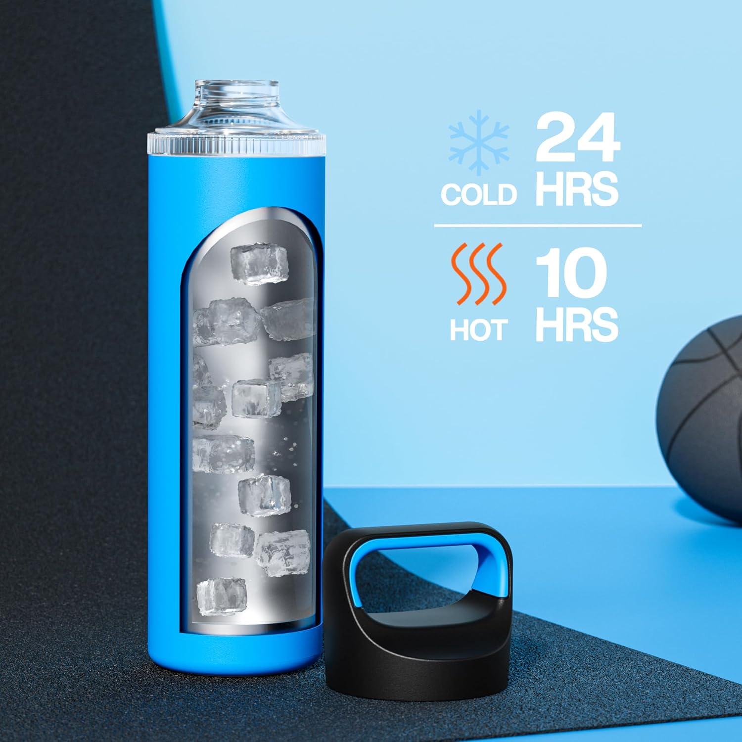 image24 oz Insulated Water Bottle for Sports 3 Lids Leakproof Keep Cold 24H Car Cupholder Friendly Stainless Steel Water Flask with Straw and Spout Caps for Gym School Work Cycling Midnight BlackLake Blue