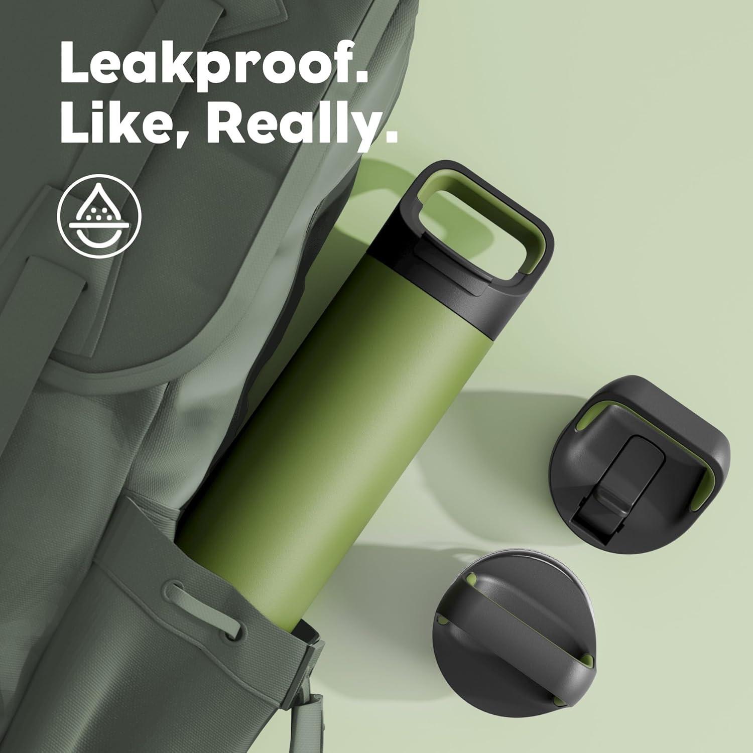 image24 oz Insulated Water Bottle for Sports 3 Lids Leakproof Keep Cold 24H Car Cupholder Friendly Stainless Steel Water Flask with Straw and Spout Caps for Gym School Work Cycling Midnight BlackForest Green