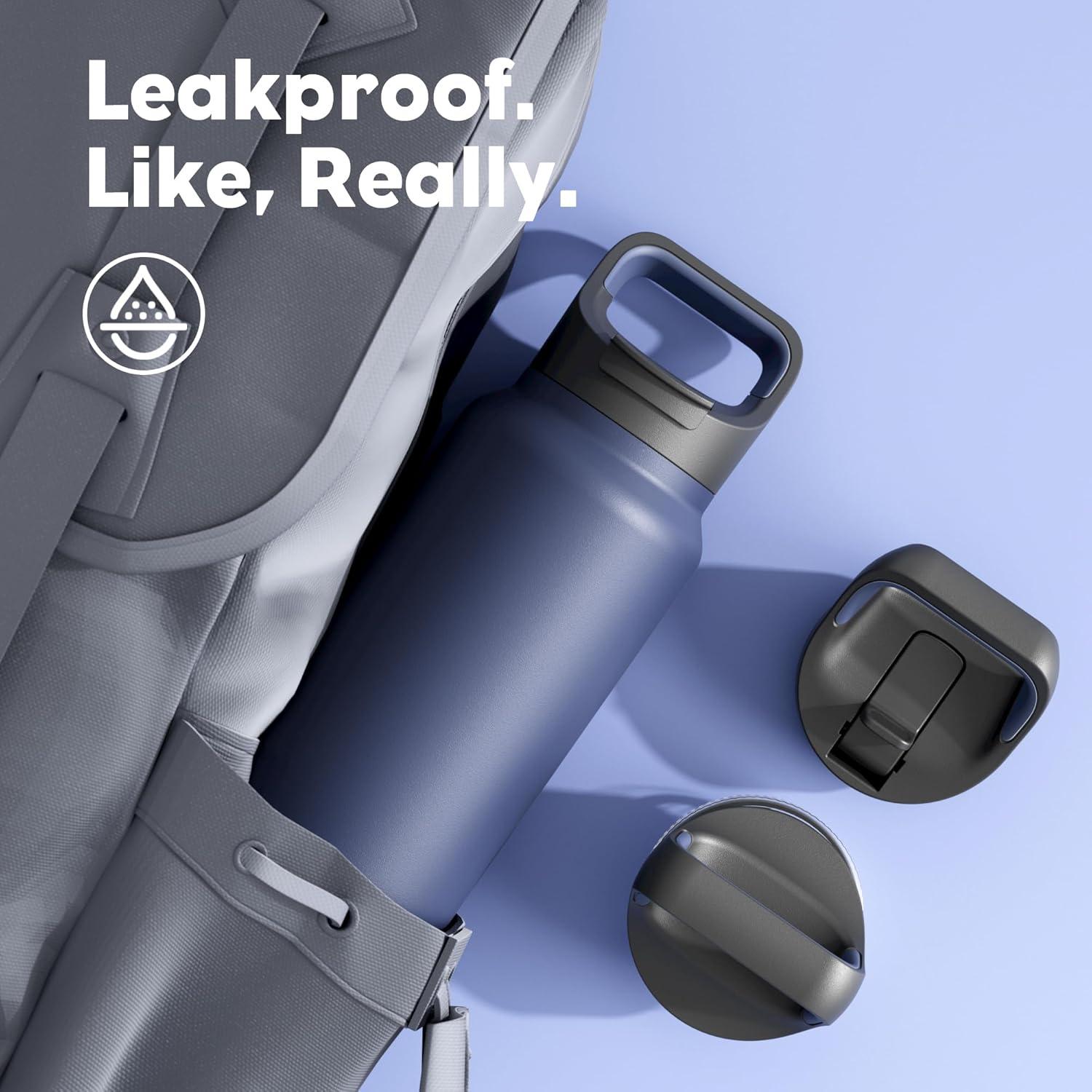 image24 oz Insulated Water Bottle for Sports 3 Lids Leakproof Keep Cold 24H Car Cupholder Friendly Stainless Steel Water Flask with Straw and Spout Caps for Gym School Work Cycling Midnight BlackNavy Blue