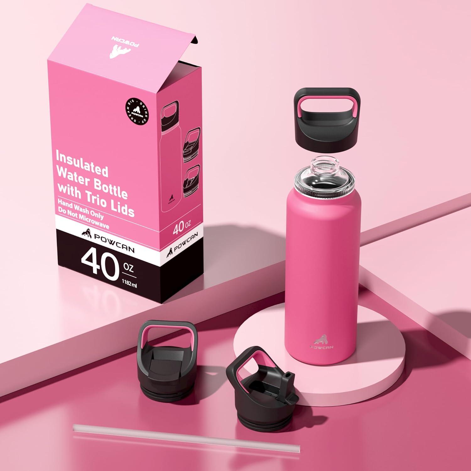 image24 oz Insulated Water Bottle for Sports 3 Lids Leakproof Keep Cold 24H Car Cupholder Friendly Stainless Steel Water Flask with Straw and Spout Caps for Gym School Work Cycling Midnight BlackTropical Pink