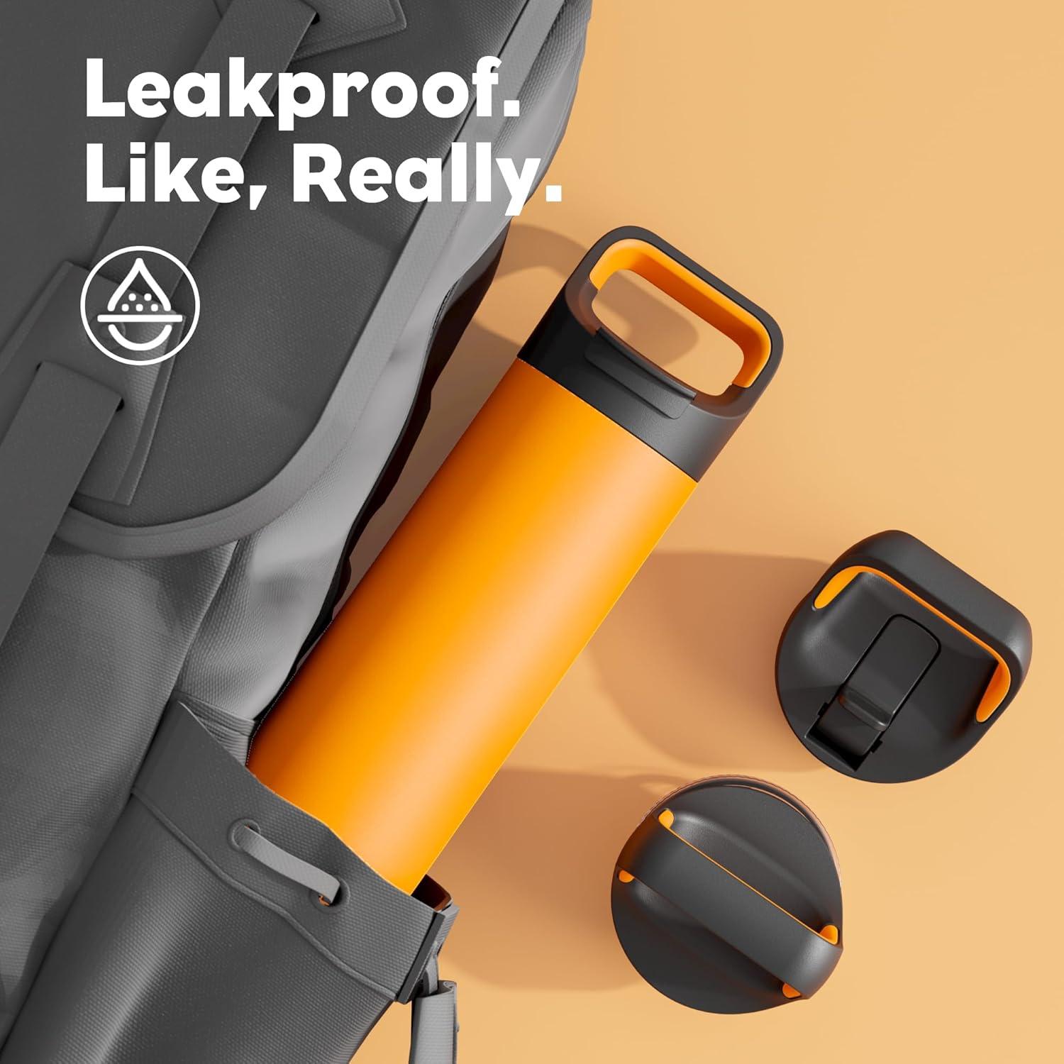 image24 oz Insulated Water Bottle for Sports 3 Lids Leakproof Keep Cold 24H Car Cupholder Friendly Stainless Steel Water Flask with Straw and Spout Caps for Gym School Work Cycling Midnight BlackZesty Orange