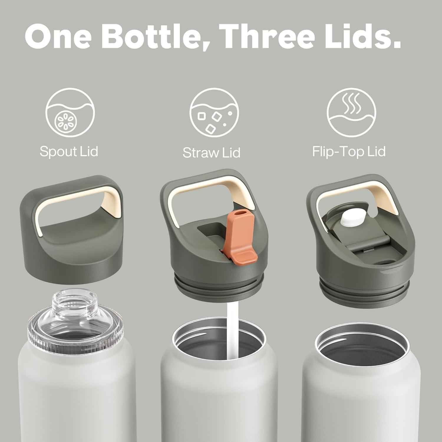 image24 oz Insulated Water Bottle for Sports 3 Lids Leakproof Keep Cold 24H Car Cupholder Friendly Stainless Steel Water Flask with Straw and Spout Caps for Gym School Work Cycling Midnight BlackSage Gray