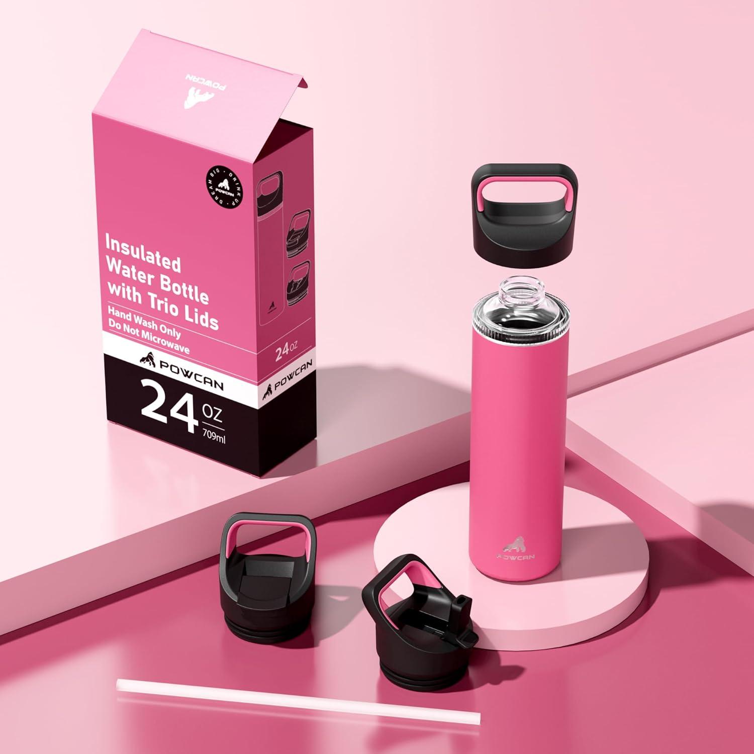 image24 oz Insulated Water Bottle for Sports 3 Lids Leakproof Keep Cold 24H Car Cupholder Friendly Stainless Steel Water Flask with Straw and Spout Caps for Gym School Work Cycling Midnight BlackTropical Pink