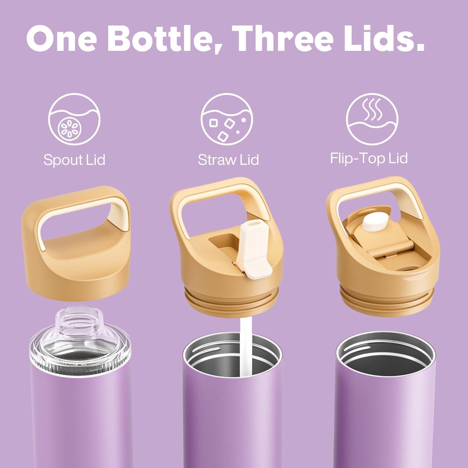 image24 oz Insulated Water Bottle for Sports 3 Lids Leakproof Keep Cold 24H Car Cupholder Friendly Stainless Steel Water Flask with Straw and Spout Caps for Gym School Work Cycling Midnight BlackVintage Lilac