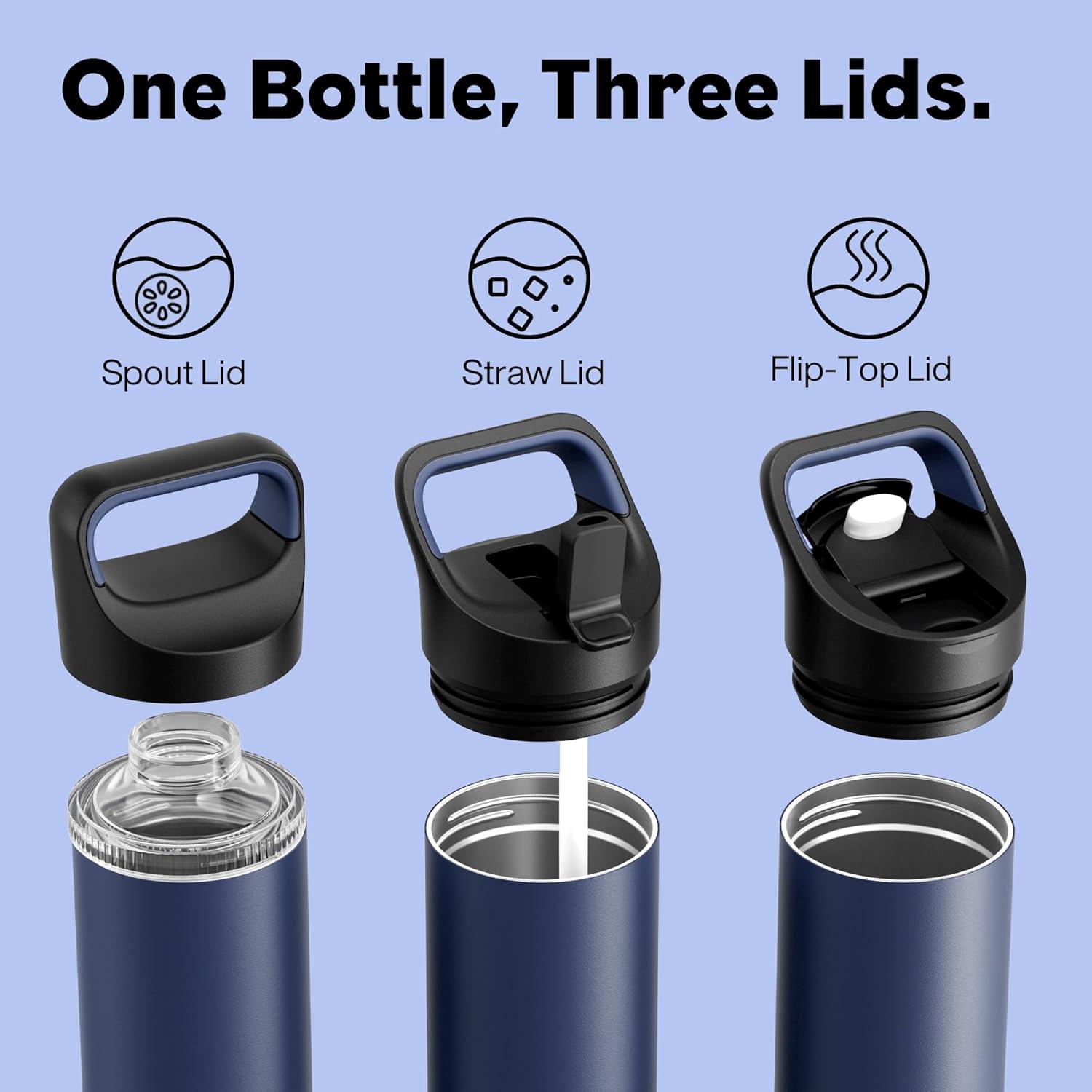 image24 oz Insulated Water Bottle for Sports 3 Lids Leakproof Keep Cold 24H Car Cupholder Friendly Stainless Steel Water Flask with Straw and Spout Caps for Gym School Work Cycling Midnight BlackNavy Blue