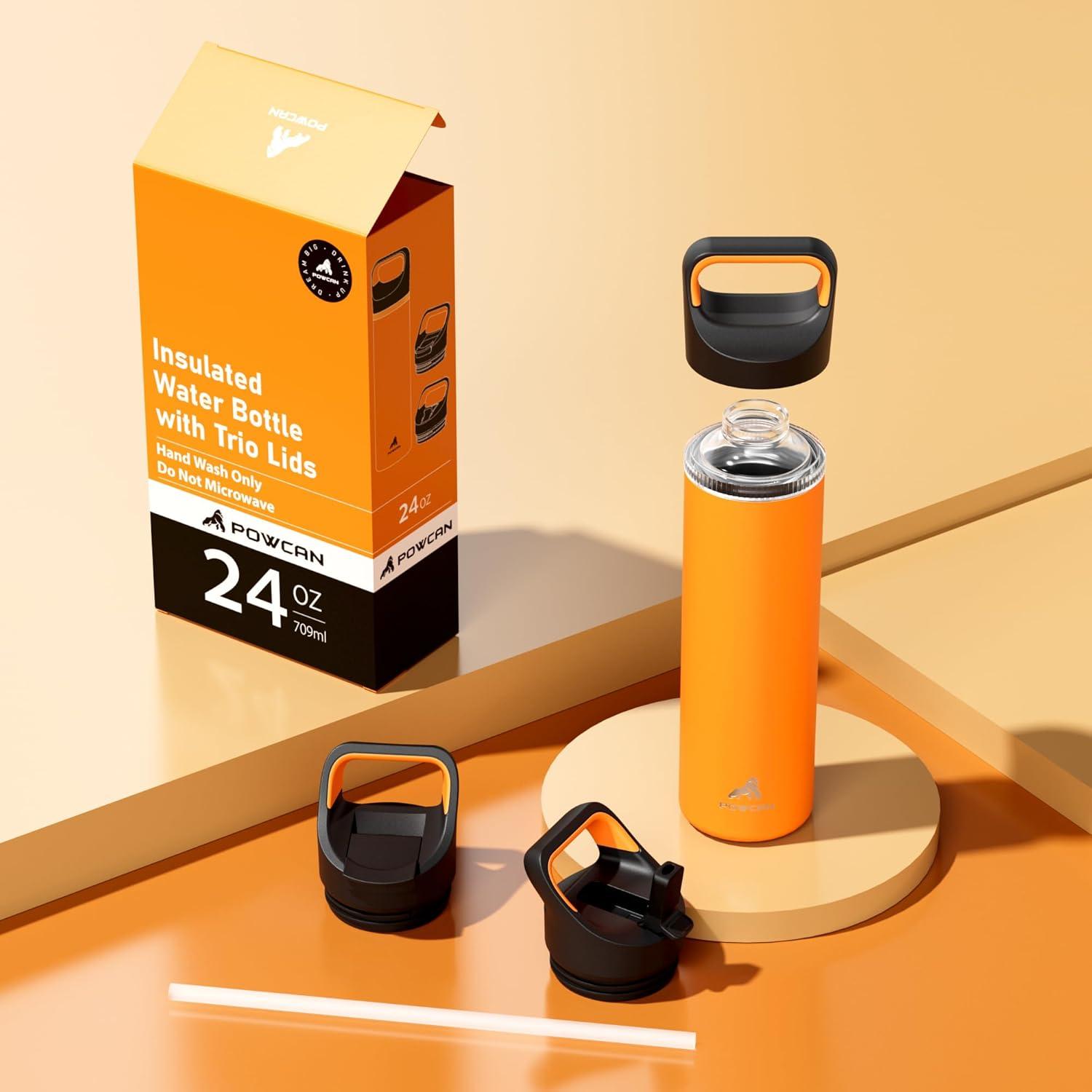 image24 oz Insulated Water Bottle for Sports 3 Lids Leakproof Keep Cold 24H Car Cupholder Friendly Stainless Steel Water Flask with Straw and Spout Caps for Gym School Work Cycling Midnight BlackZesty Orange