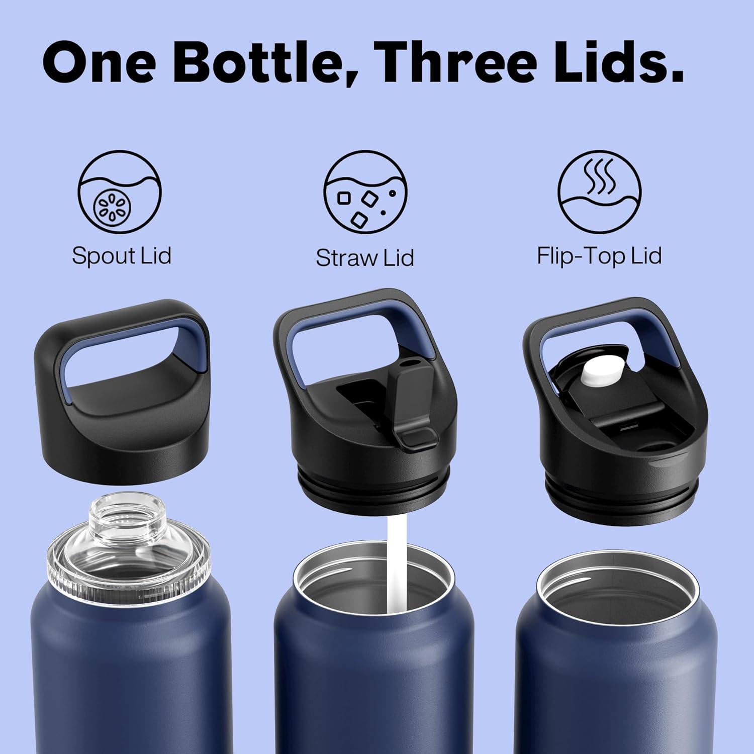 image24 oz Insulated Water Bottle for Sports 3 Lids Leakproof Keep Cold 24H Car Cupholder Friendly Stainless Steel Water Flask with Straw and Spout Caps for Gym School Work Cycling Midnight BlackNavy Blue