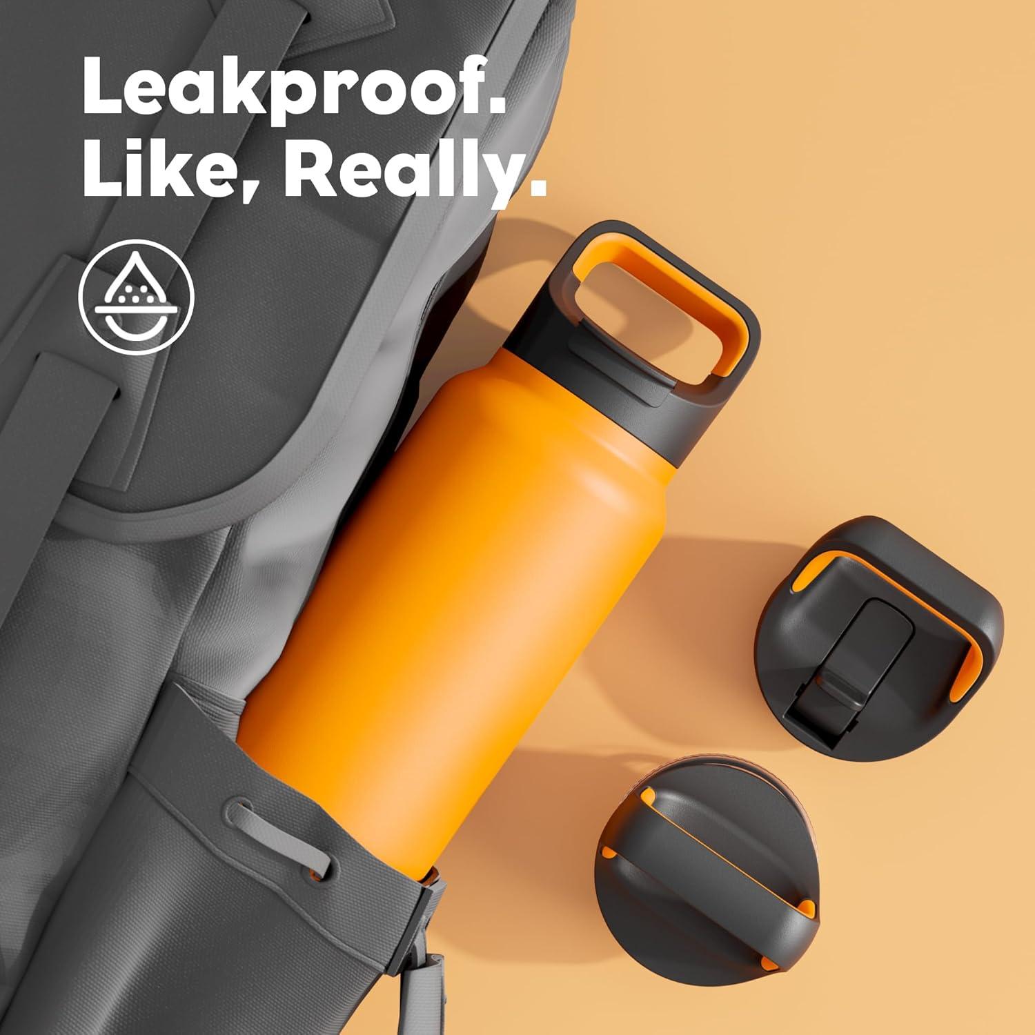 image24 oz Insulated Water Bottle for Sports 3 Lids Leakproof Keep Cold 24H Car Cupholder Friendly Stainless Steel Water Flask with Straw and Spout Caps for Gym School Work Cycling Midnight BlackZesty Orange