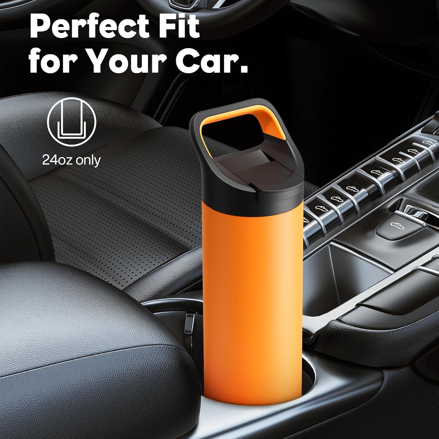 image24 oz Insulated Water Bottle for Sports 3 Lids Leakproof Keep Cold 24H Car Cupholder Friendly Stainless Steel Water Flask with Straw and Spout Caps for Gym School Work Cycling Midnight BlackZesty Orange