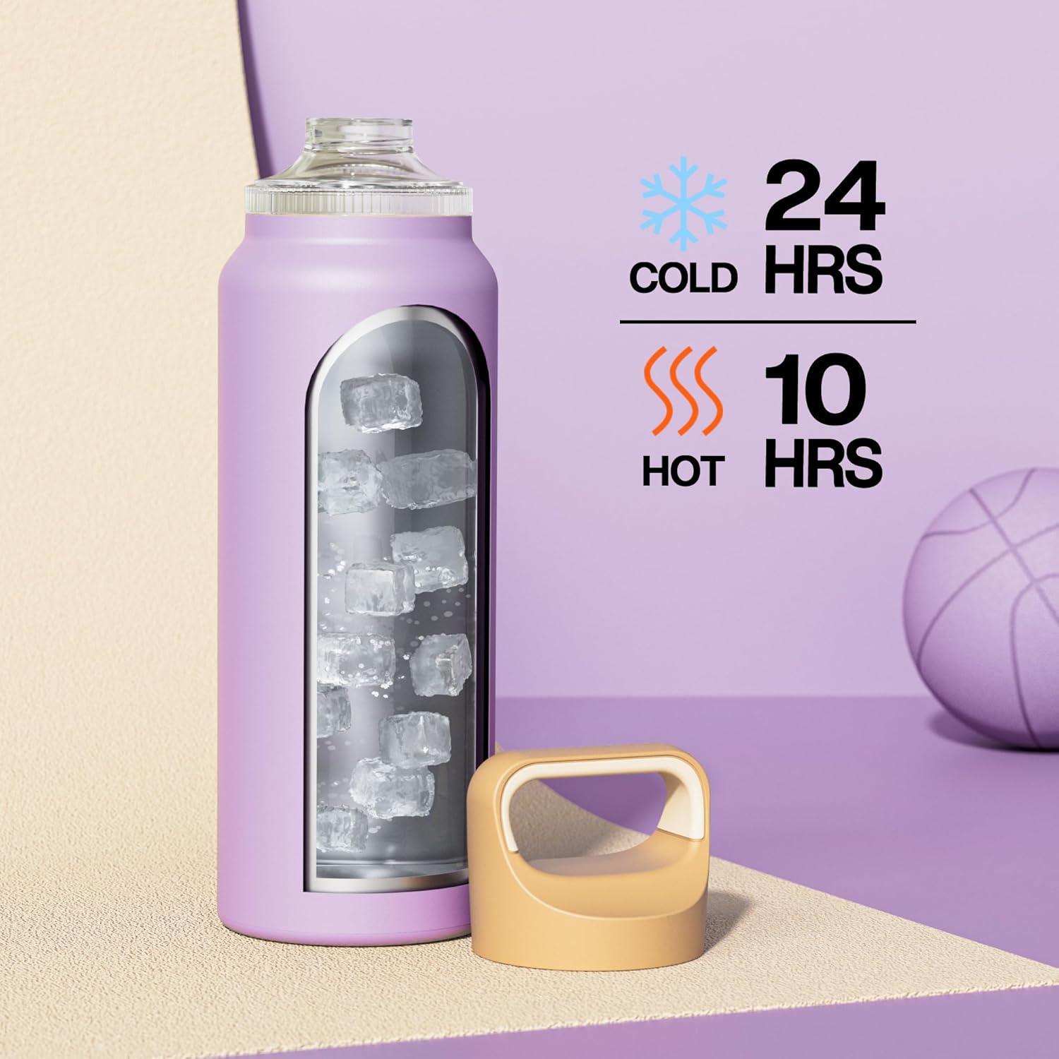 image24 oz Insulated Water Bottle for Sports 3 Lids Leakproof Keep Cold 24H Car Cupholder Friendly Stainless Steel Water Flask with Straw and Spout Caps for Gym School Work Cycling Midnight BlackVintage Lilac