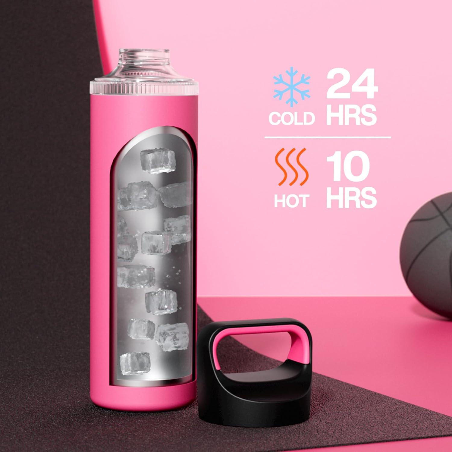 image24 oz Insulated Water Bottle for Sports 3 Lids Leakproof Keep Cold 24H Car Cupholder Friendly Stainless Steel Water Flask with Straw and Spout Caps for Gym School Work Cycling Midnight BlackTropical Pink