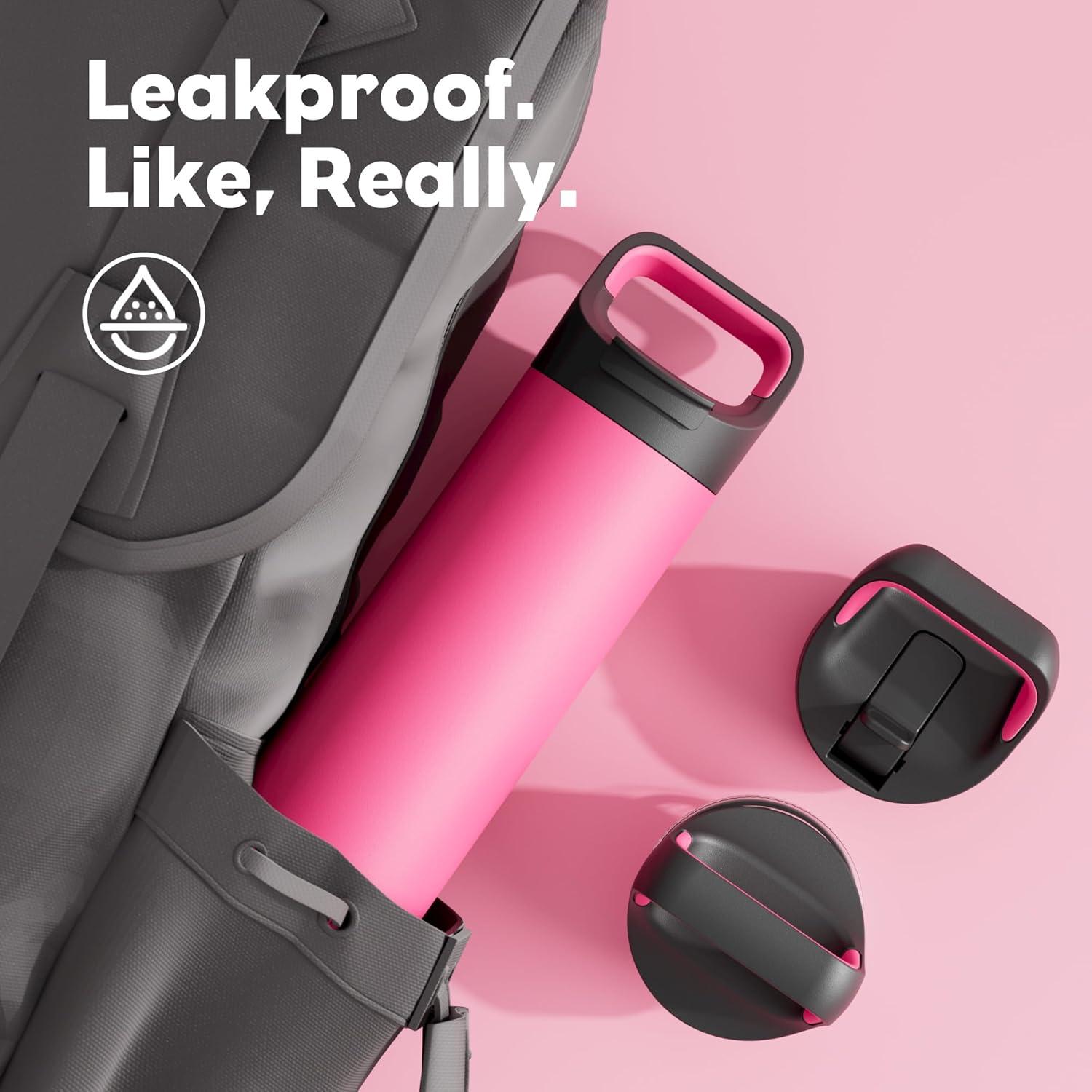 image24 oz Insulated Water Bottle for Sports 3 Lids Leakproof Keep Cold 24H Car Cupholder Friendly Stainless Steel Water Flask with Straw and Spout Caps for Gym School Work Cycling Midnight BlackTropical Pink