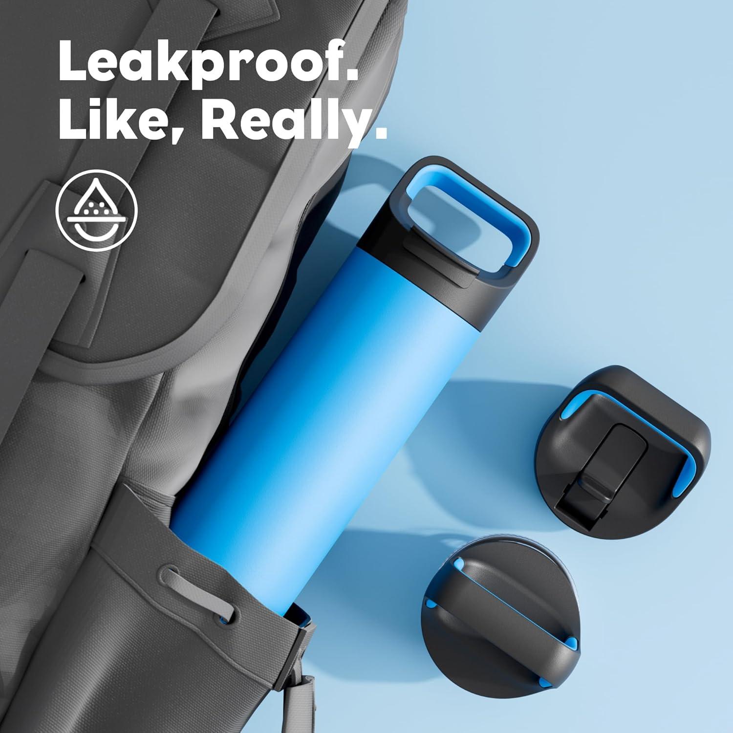 image24 oz Insulated Water Bottle for Sports 3 Lids Leakproof Keep Cold 24H Car Cupholder Friendly Stainless Steel Water Flask with Straw and Spout Caps for Gym School Work Cycling Midnight BlackLake Blue