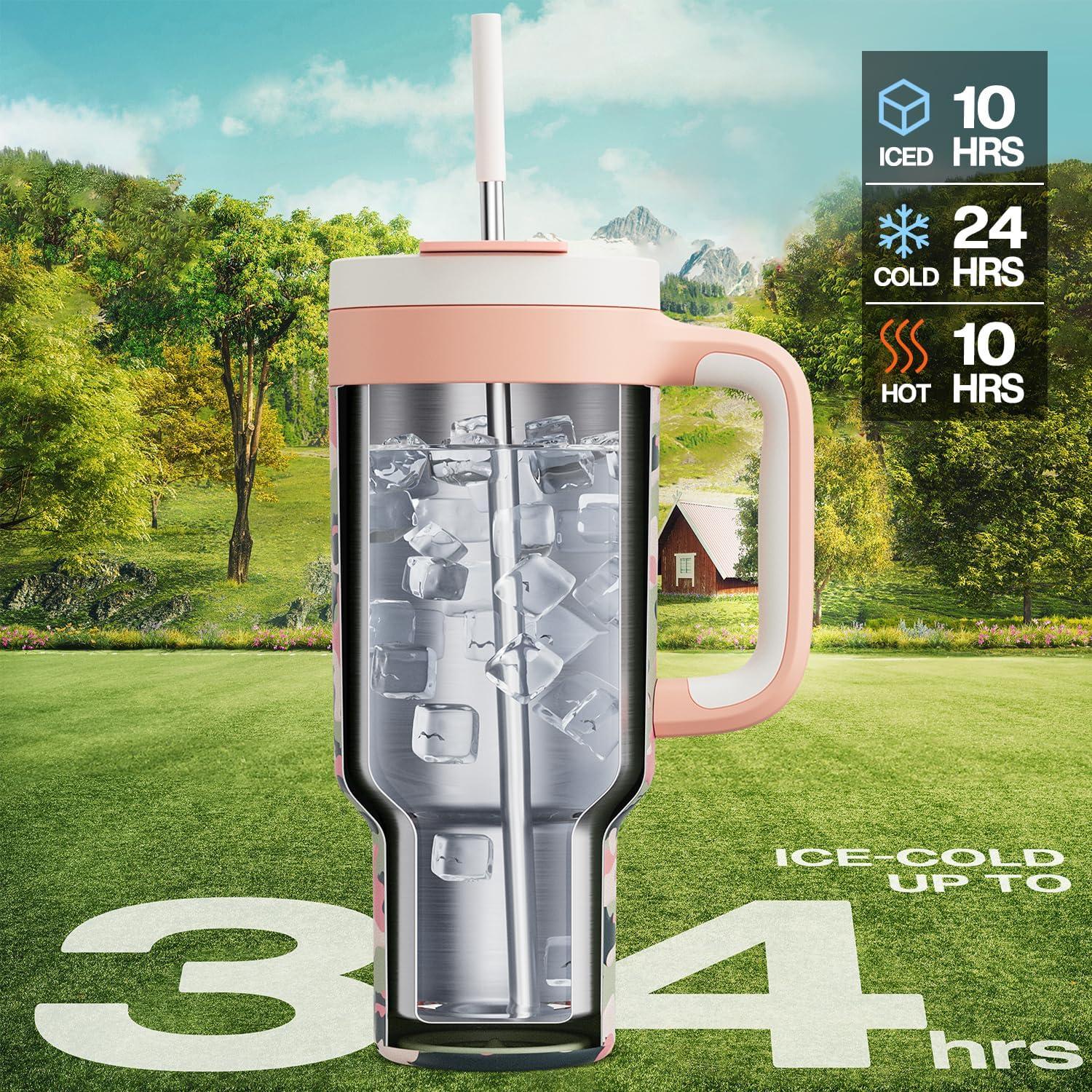 image40 oz Camo Tumbler with Handle 2in1 Straw and Sip Lid Leakproof Dishwasher Safe Insulated Stainless Steel Travel Coffee Mug Keeps Cold for 34 Hours Fits in Car Cup Holder Navy DigitalRose Dappled