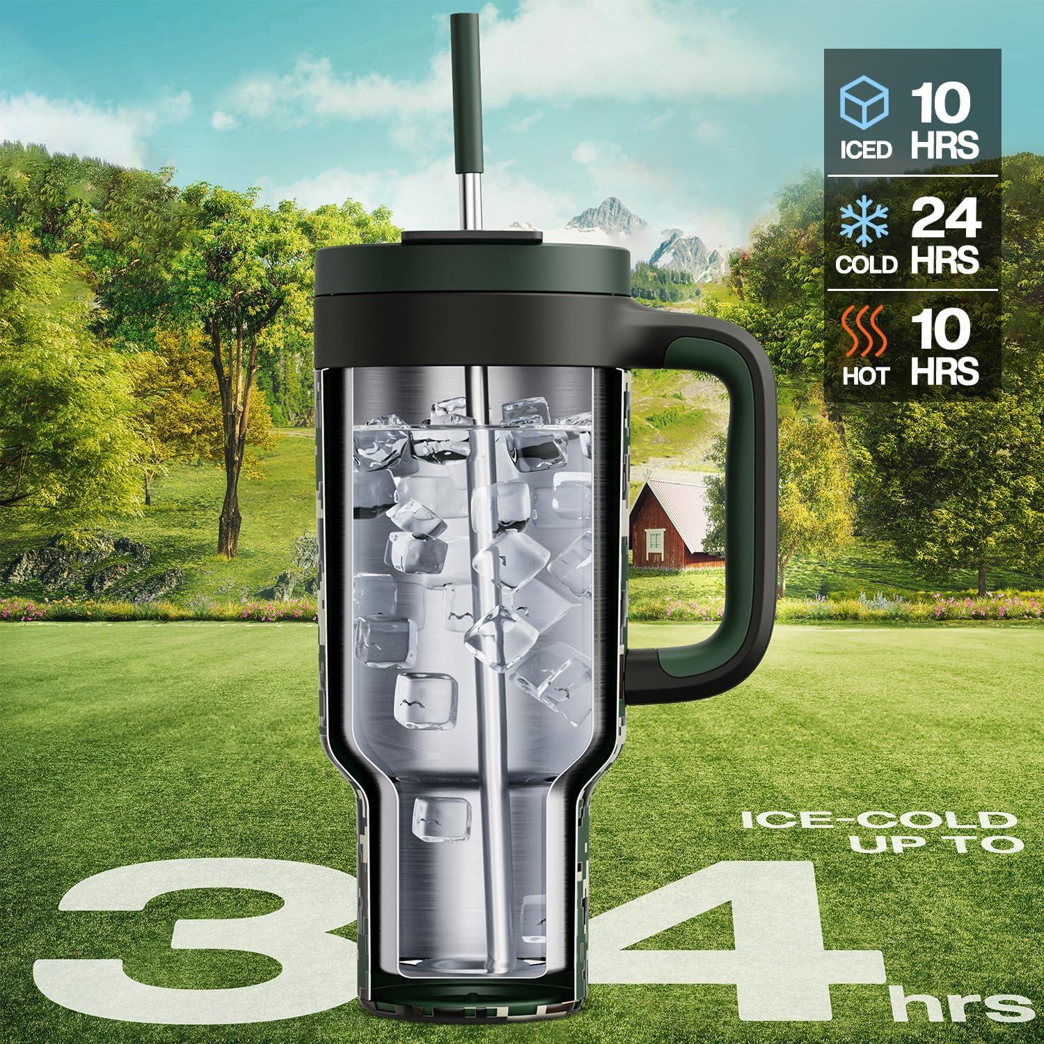 image40 oz Camo Tumbler with Handle 2in1 Straw and Sip Lid Leakproof Dishwasher Safe Insulated Travel Coffee Mug Keeps Cold for 34 Hours Fits in Car Cupholder Woodland Flag ampamp Clouded Aspen