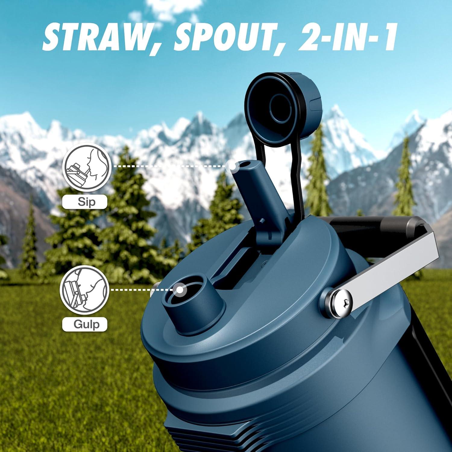 image64 oz Insulated Water Bottle for Gym 2in1 Straw Spout Lid Dual Handle Leakproof Keep Cold 36H Half Gallon Stainless Steel Water Jug for Travel Hiking Cycling Park Workout Picnic MidnightDeepsea