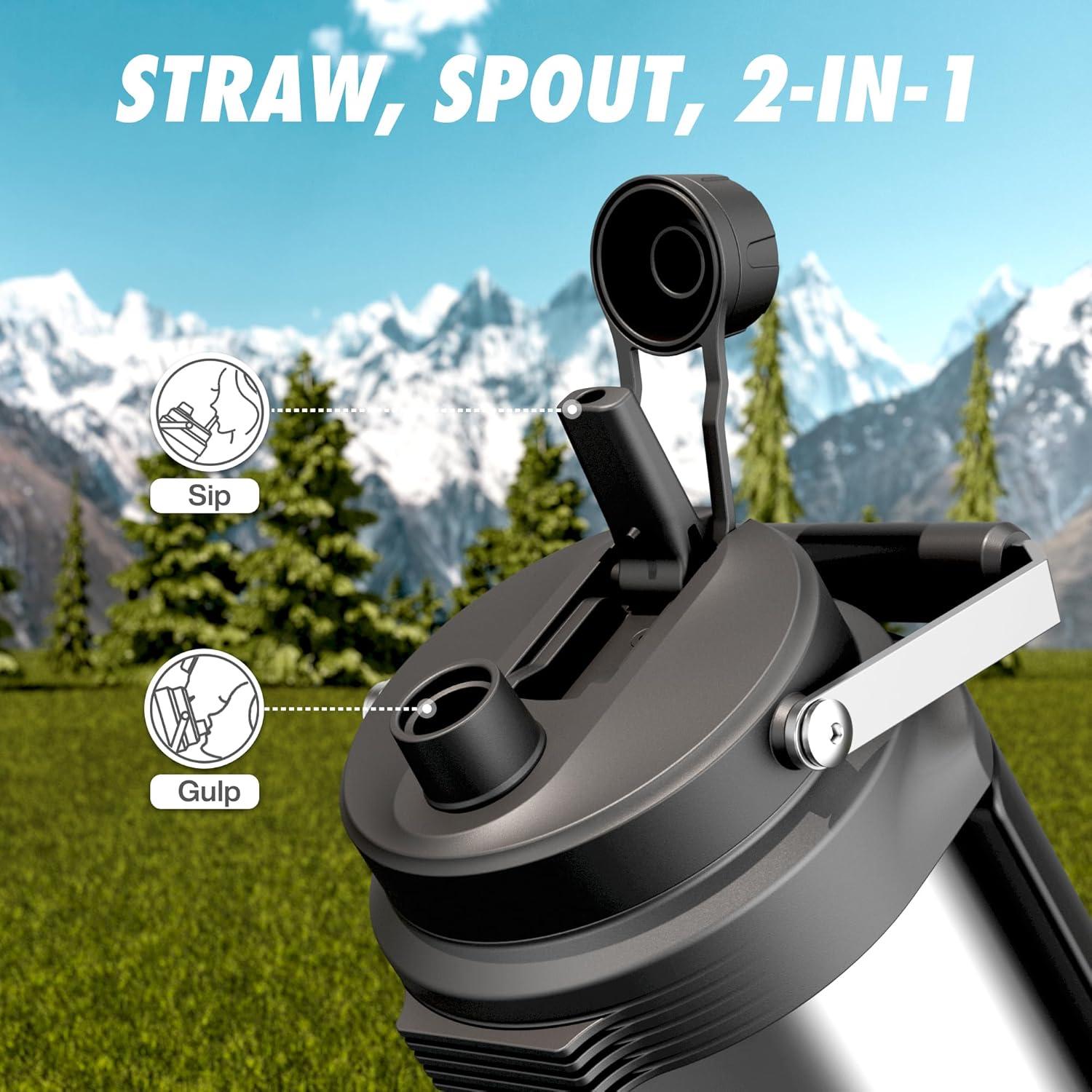 image64 oz Insulated Water Bottle for Gym 2in1 Straw Spout Lid Dual Handle Leakproof Keep Cold 36H Half Gallon Stainless Steel Water Jug for Travel Hiking Cycling Park Workout Picnic MidnightSteel